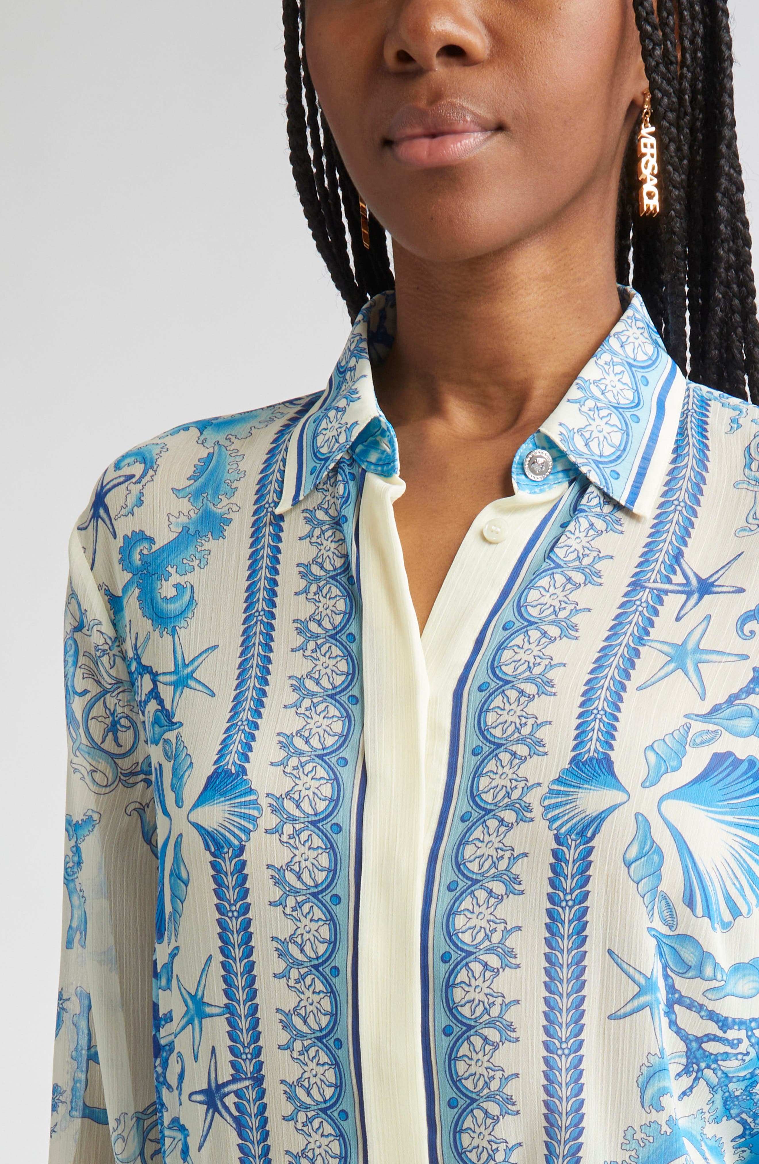 Versace Underwater Barocco Techno Crepon Button-Up Shirt in Eggshell Bright Dv Blue at Nordstrom - 5