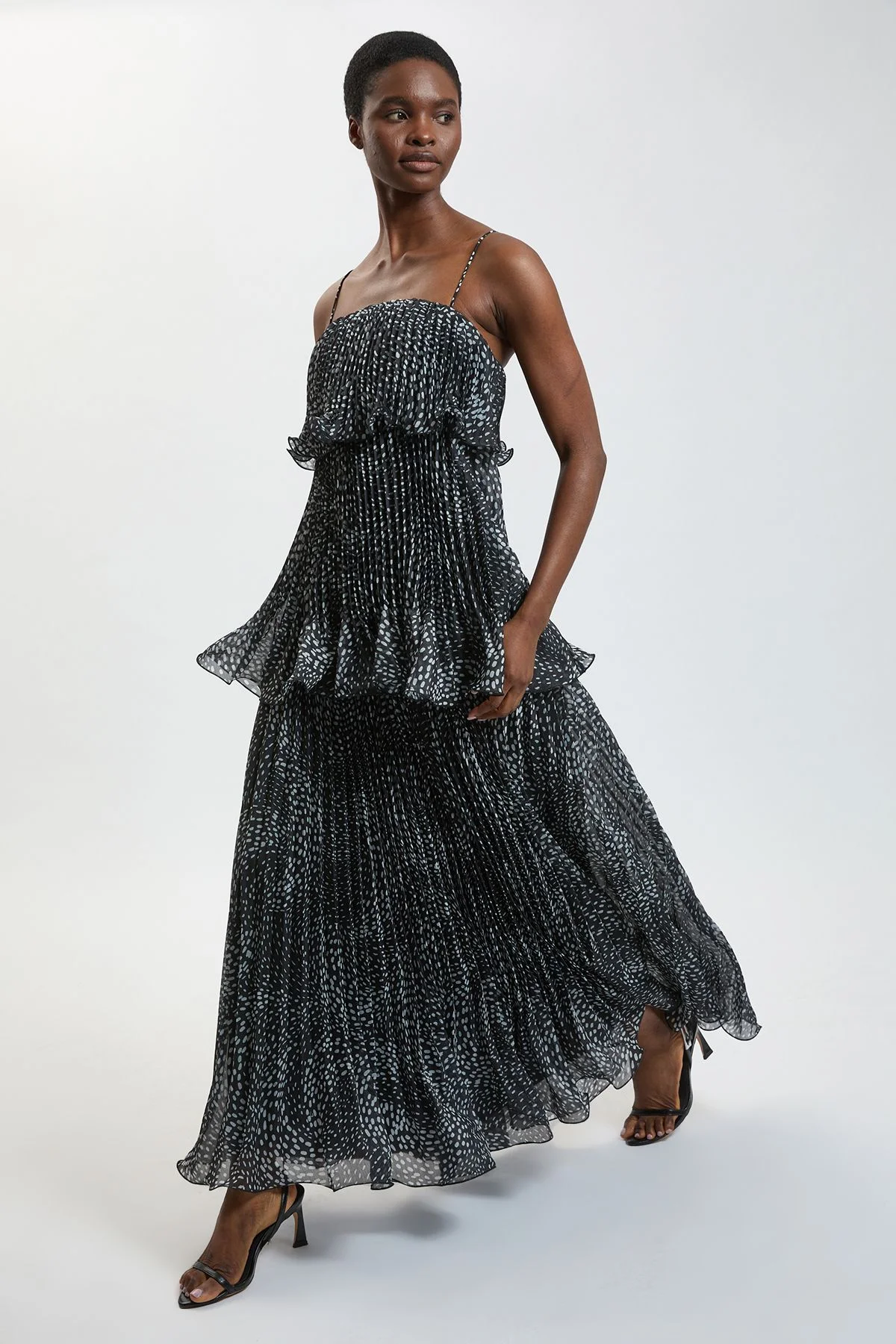 Spot Print Pleated Slub Organdie Peplum Woven Maxi Dress - 1