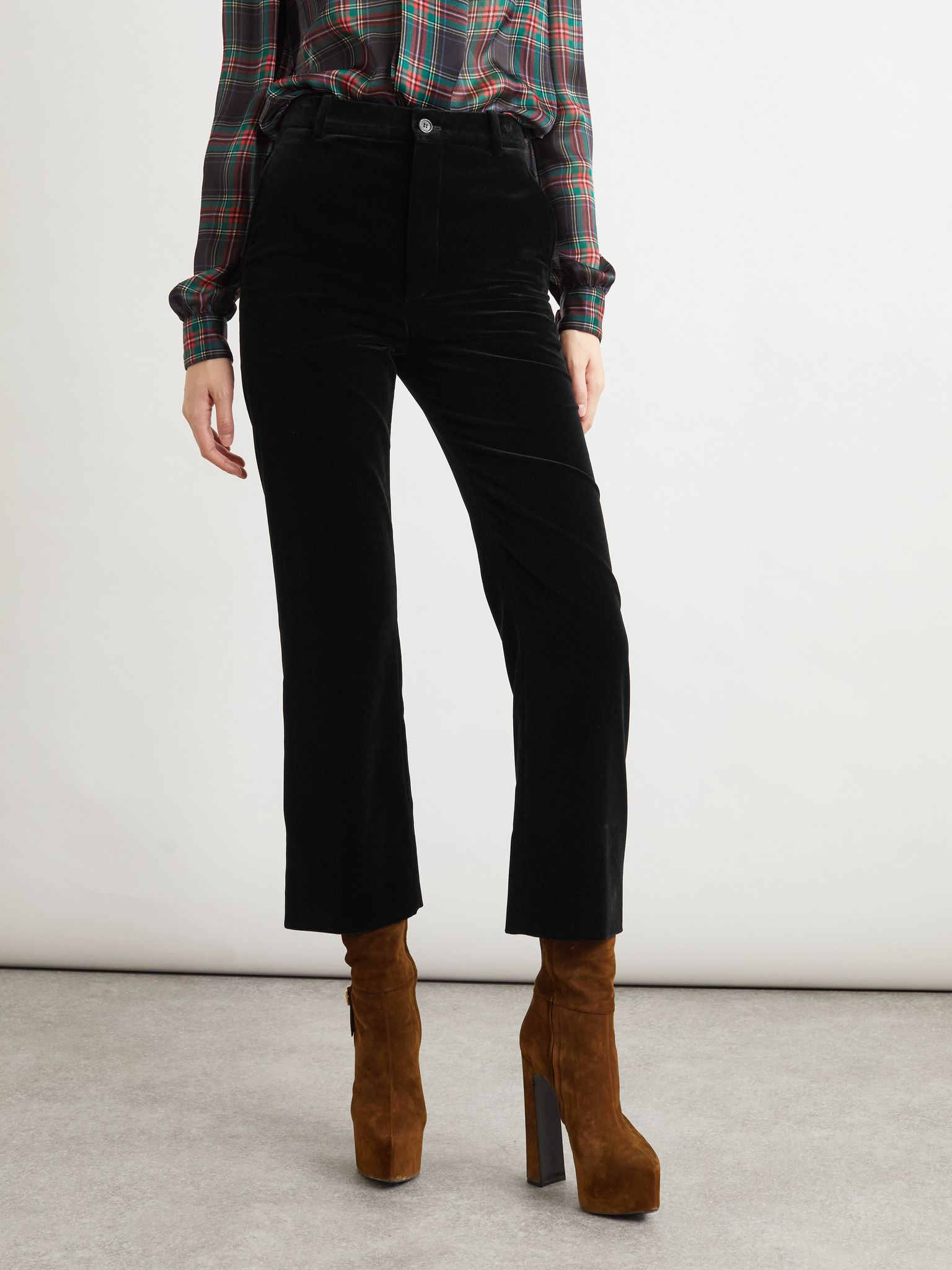 Cotton-velvet cropped slim-leg pants Black - 3