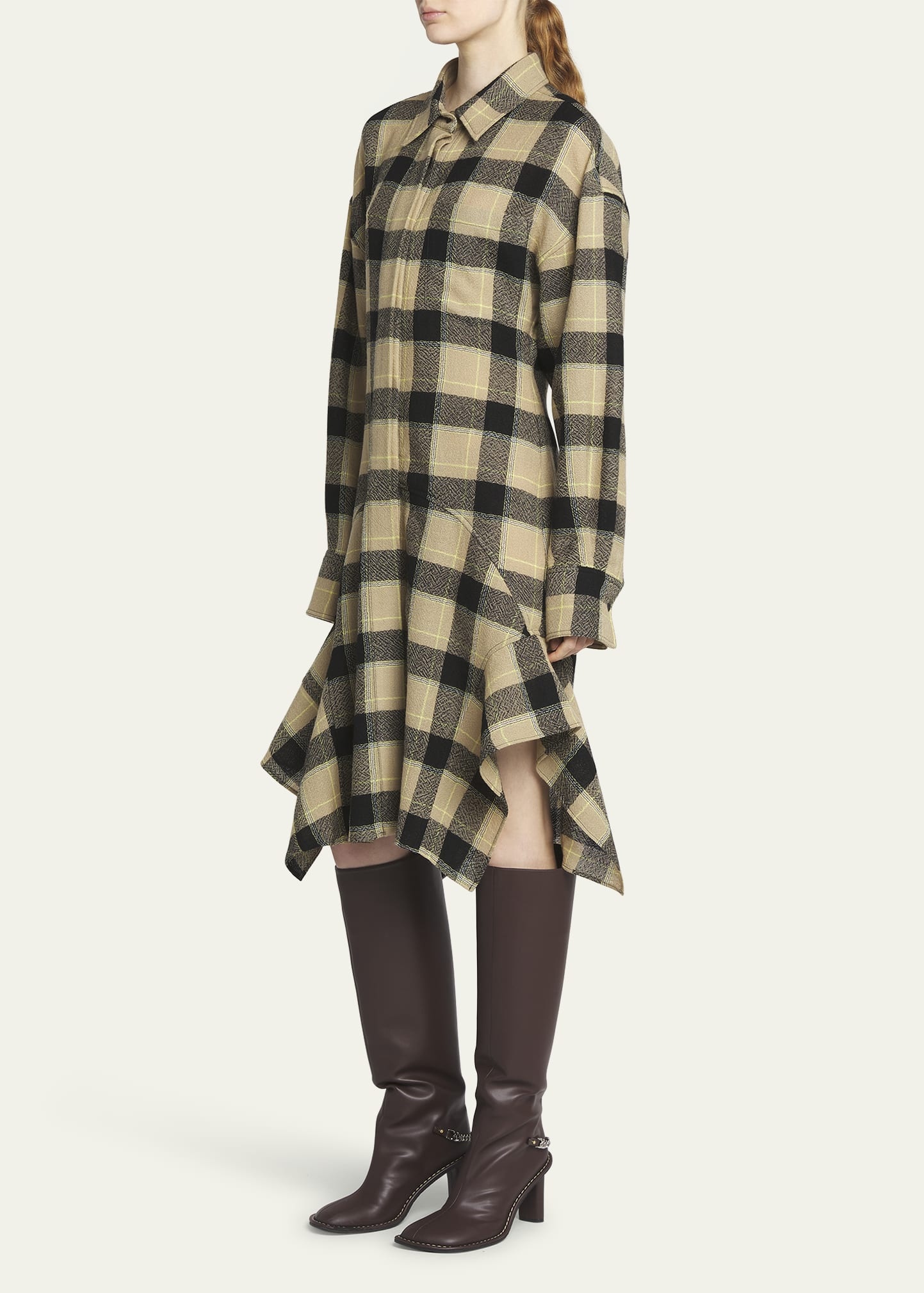 Plaid Wool Asymmetric Midi Shirtdress - 4