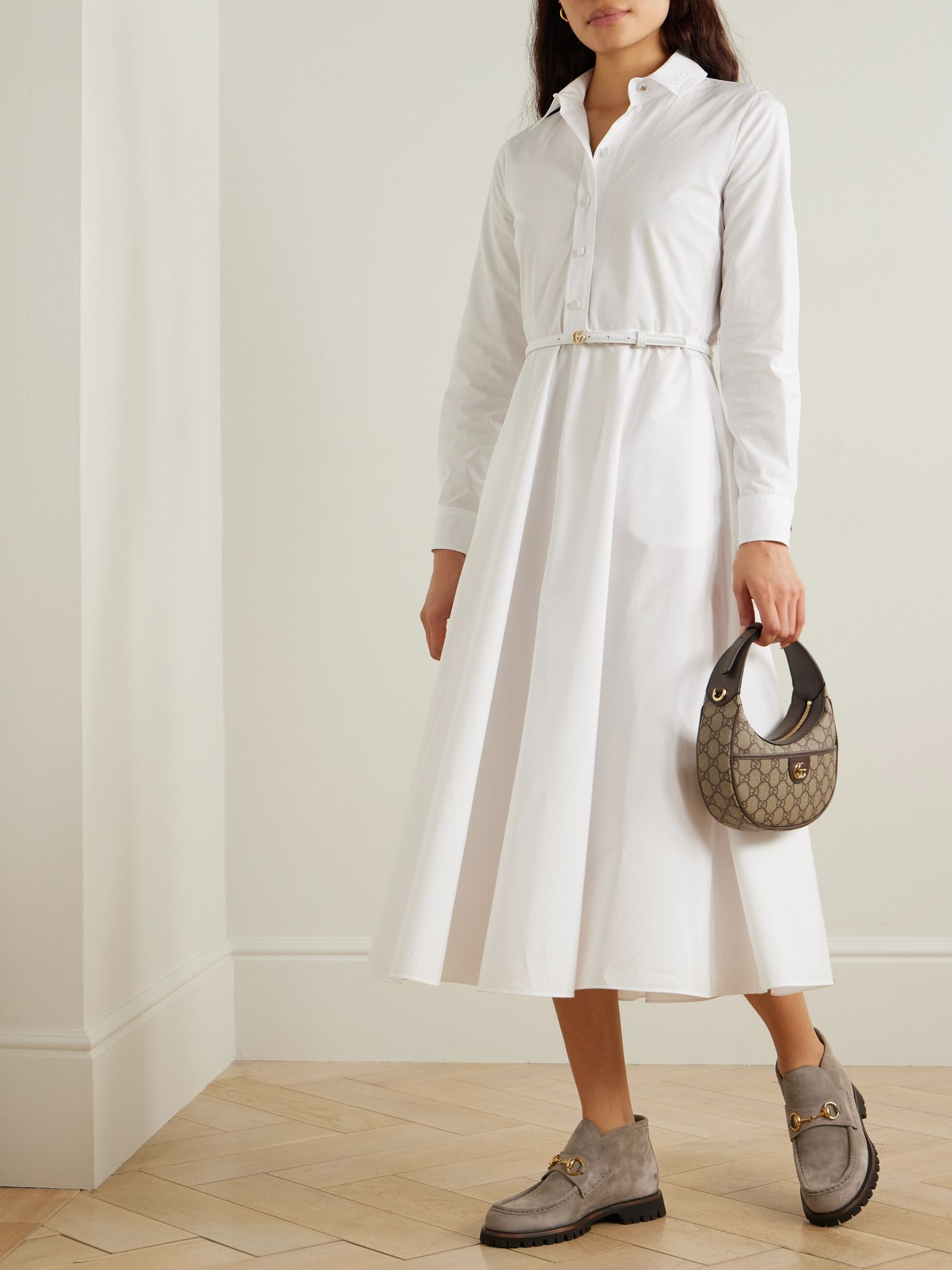 Belted embossed cotton-poplin maxi dress White - 2