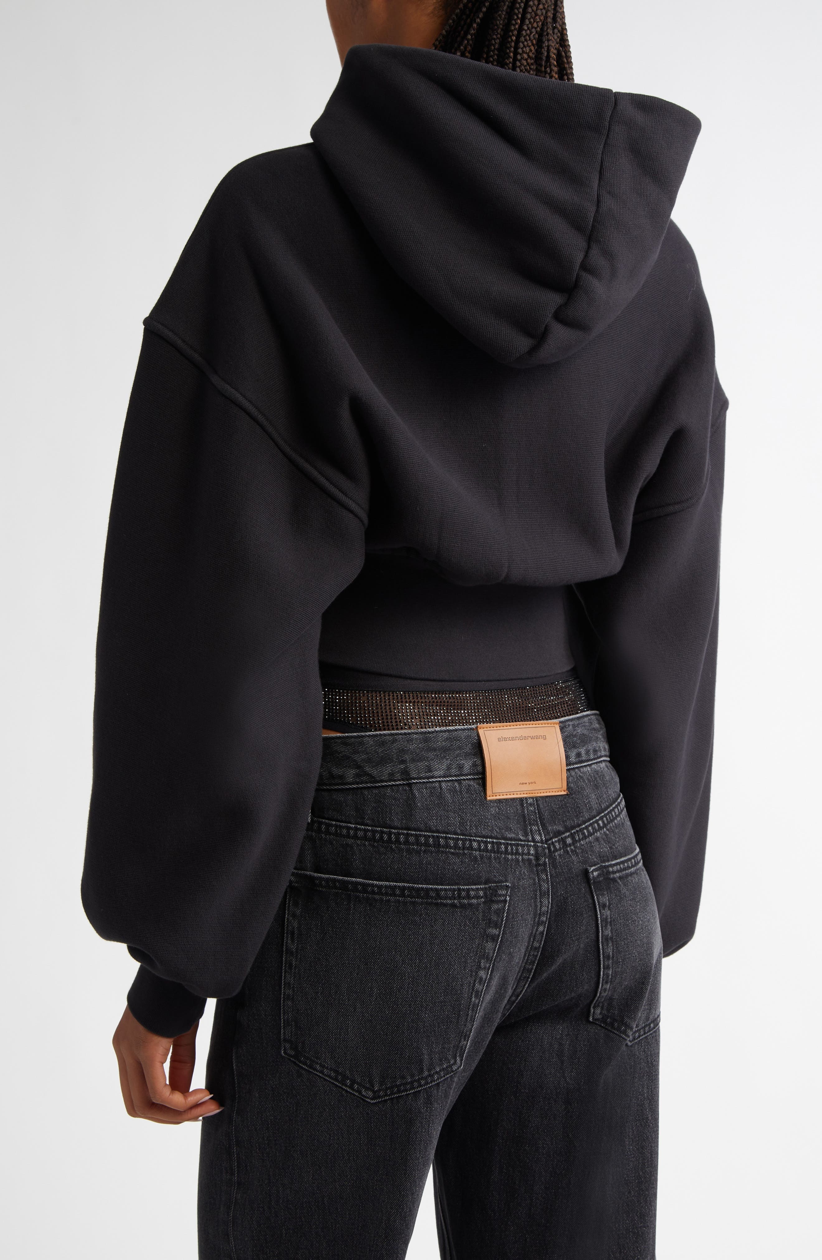Alexander Wang Crop Front Zip Cotton Hoodie in 020A Faded Black at Nordstrom - 3