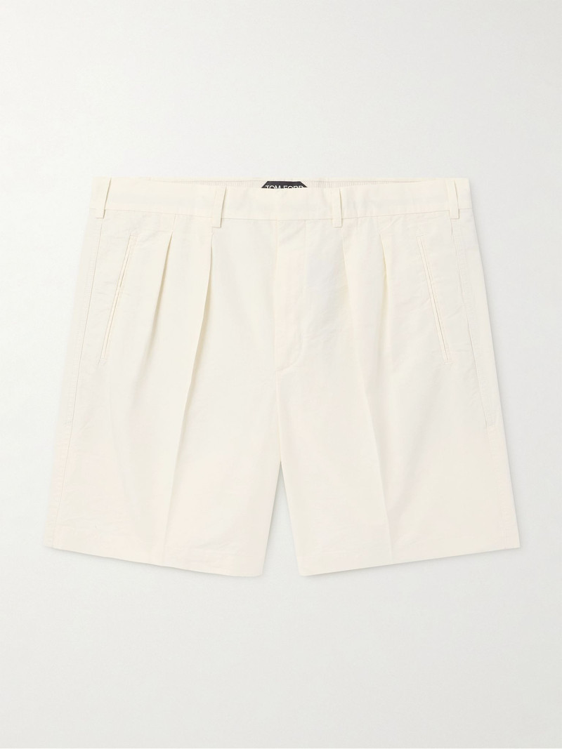 Straight-Leg Pleated Cotton and Silk-Blend Poplin Shorts Cream - 1