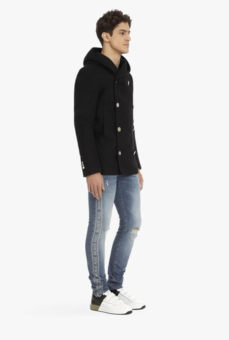 Black wool hooded pea coat with double-breasted silver-tone buttoned fastening 7