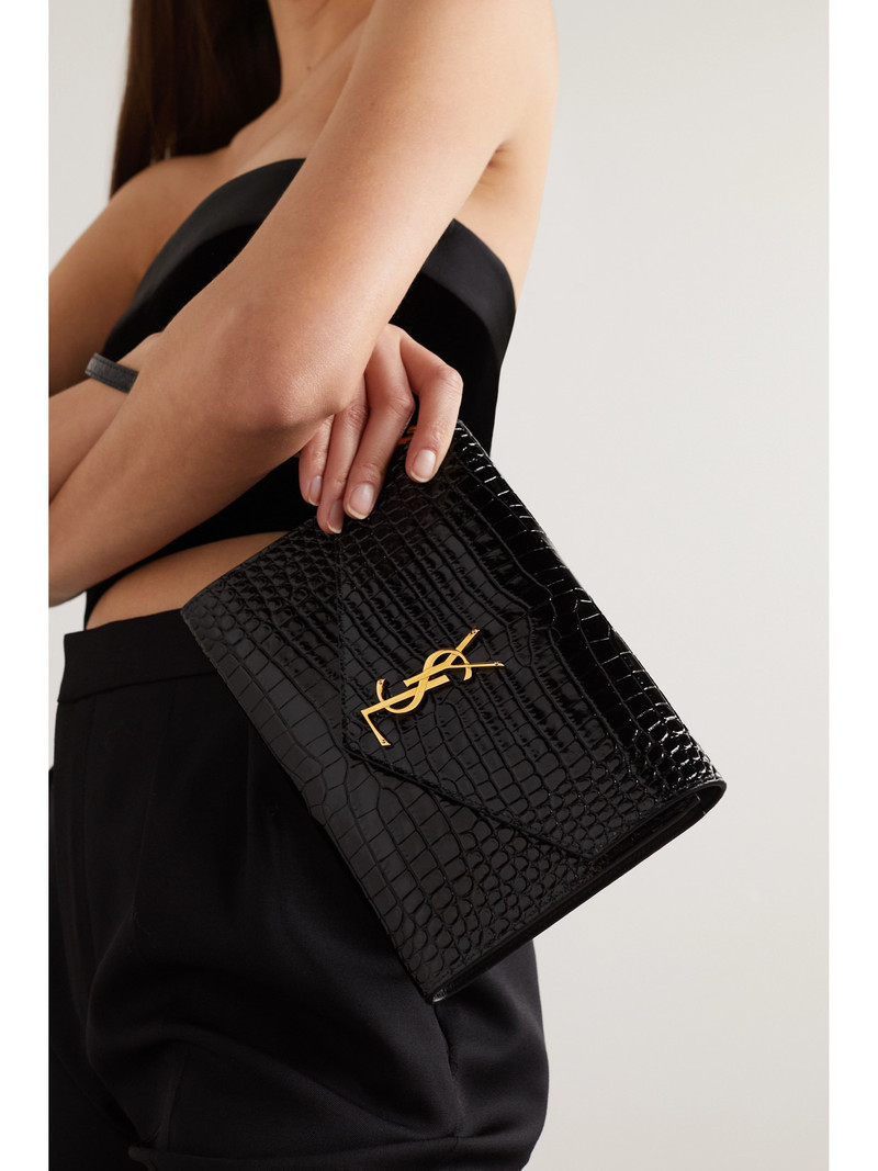 SAINT LAURENT Glossed Croc-effect Leather Clutch outlook
