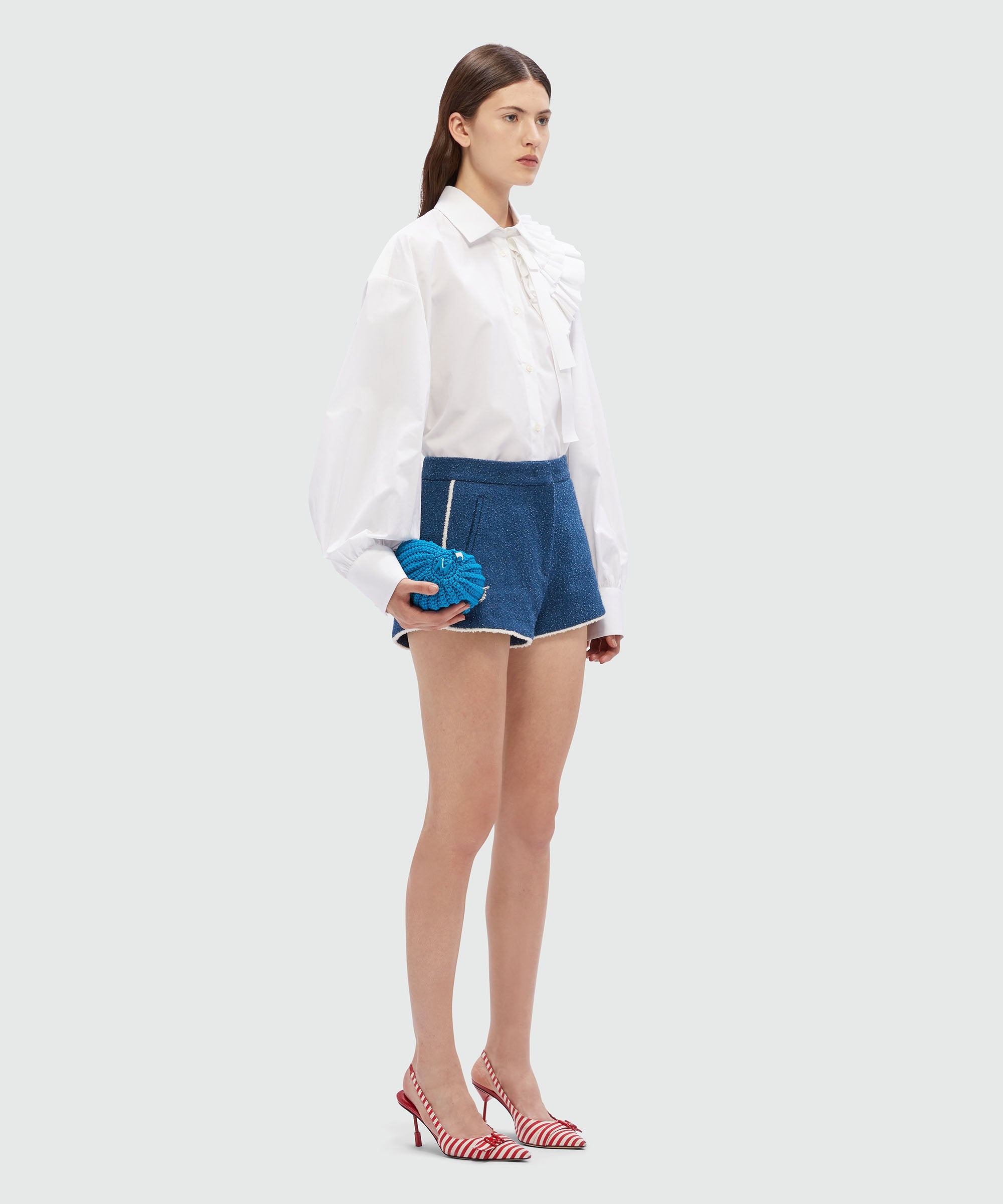 Blue boucle tweed denim shorts - 4