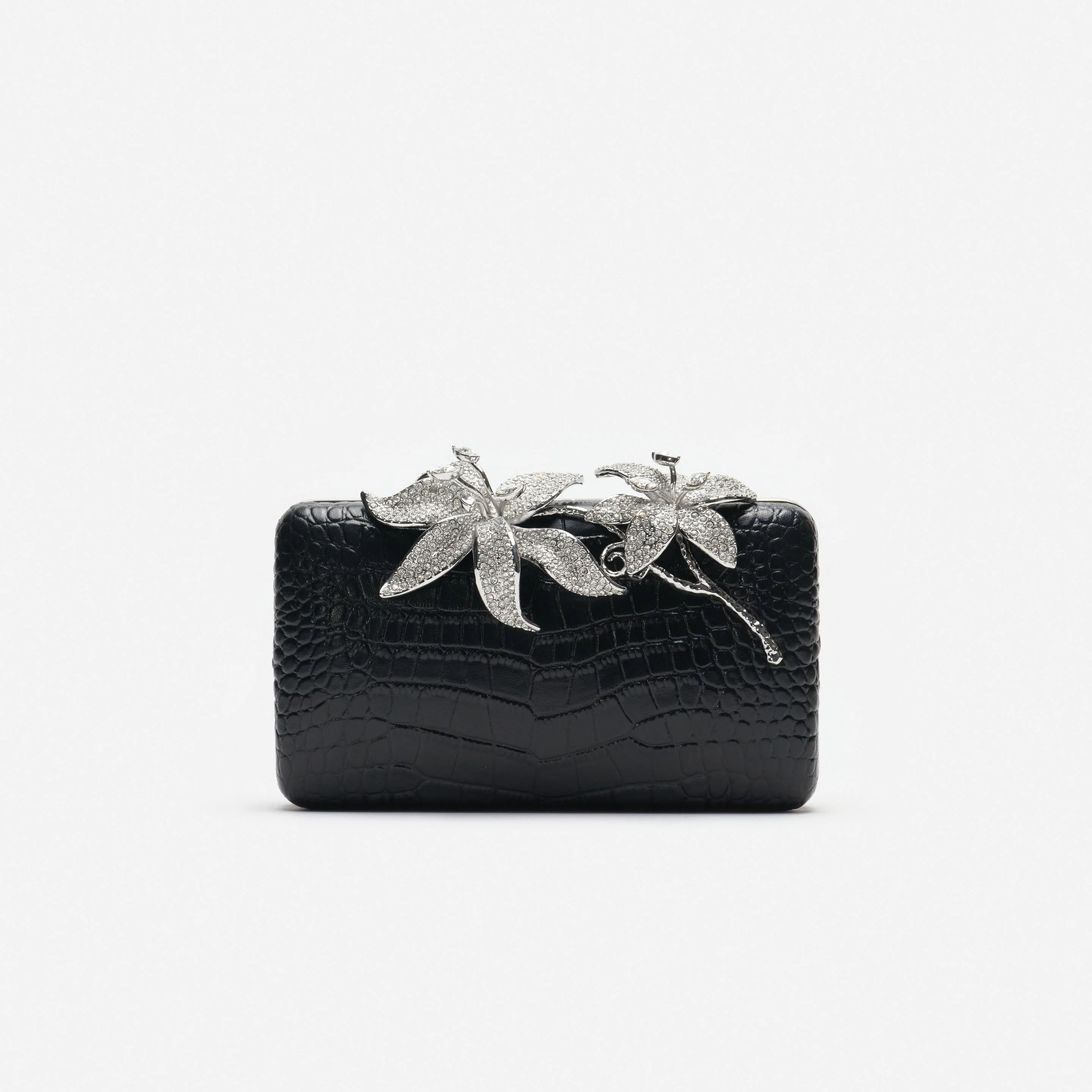 Black Croc Leather Crystal Flower Clutch Bag - 1