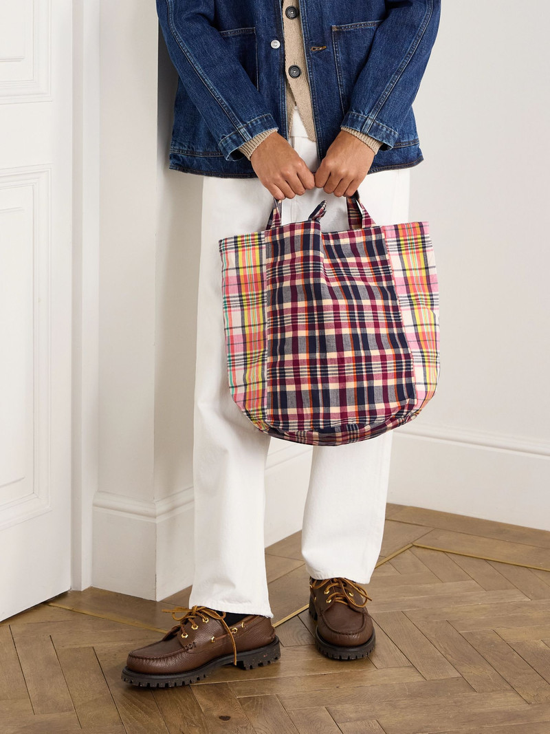 Drake's Madras Checked Cotton Tote Bag Brown outlook