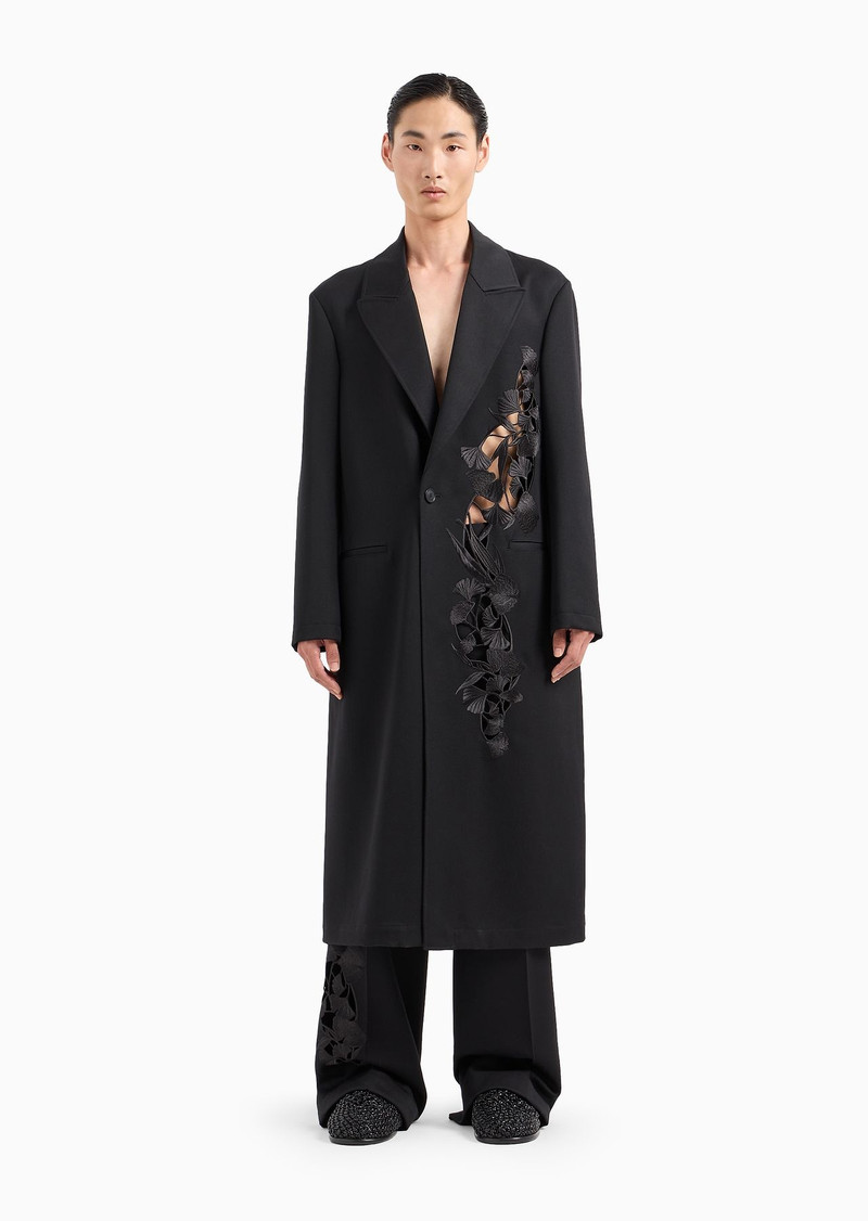 Single-breasted coat in compact virgin wool gabardine with ginkgo embroidery and cut-outs 2