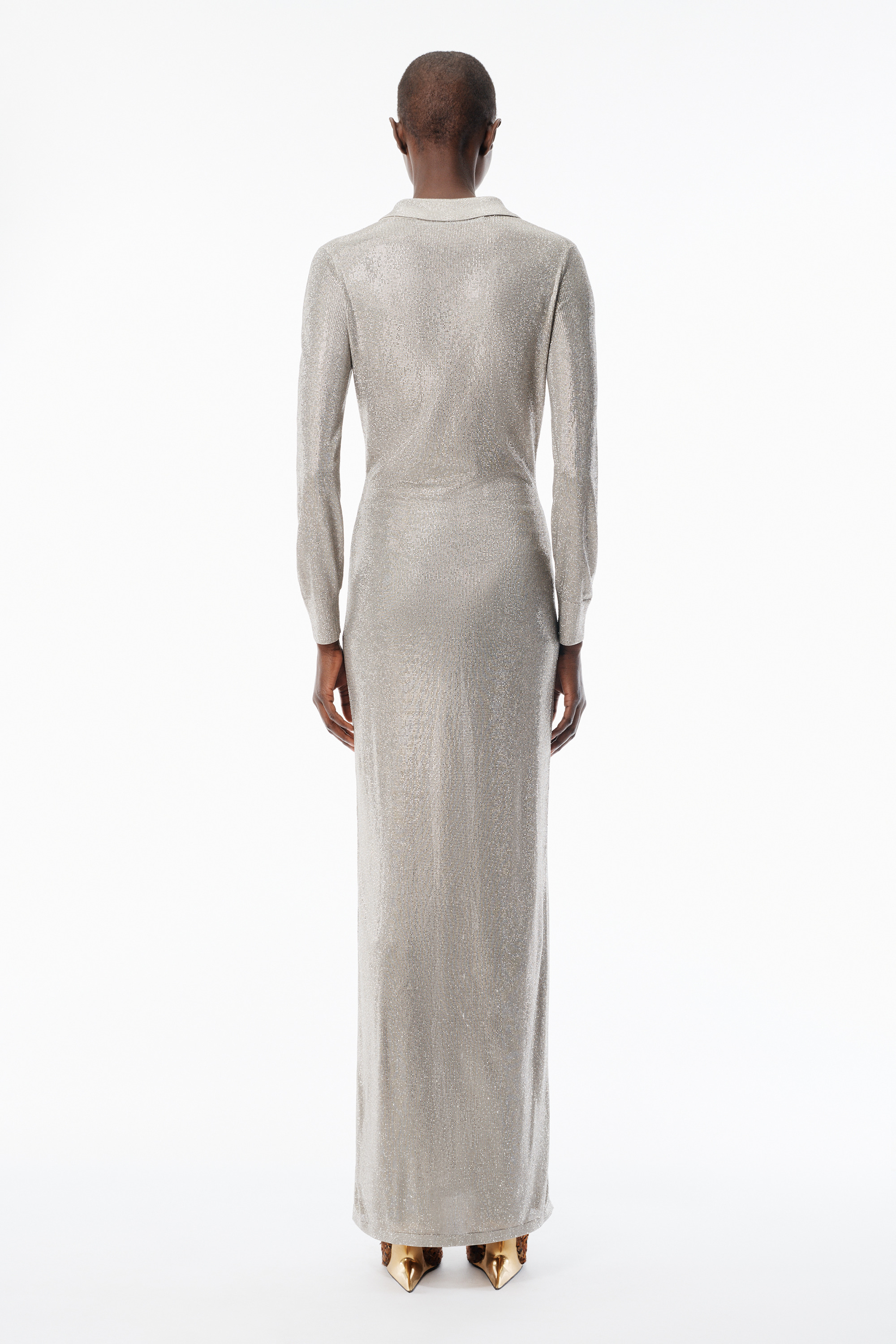 Champagne Crystal Hotfix Long-Sleeve Polo Dress - 4