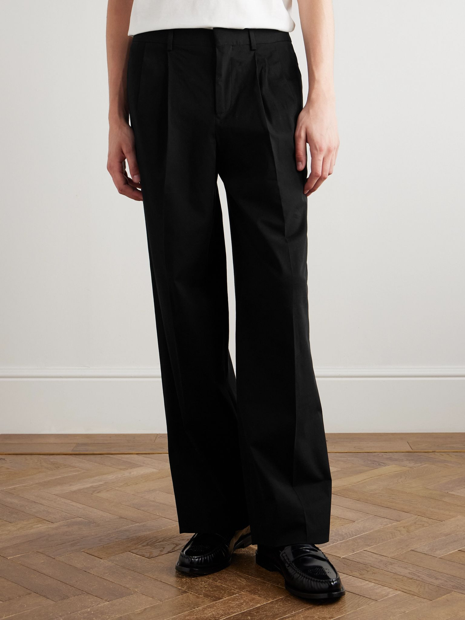 Straight-Leg Pleated Cotton-Twill Trousers Black - 3