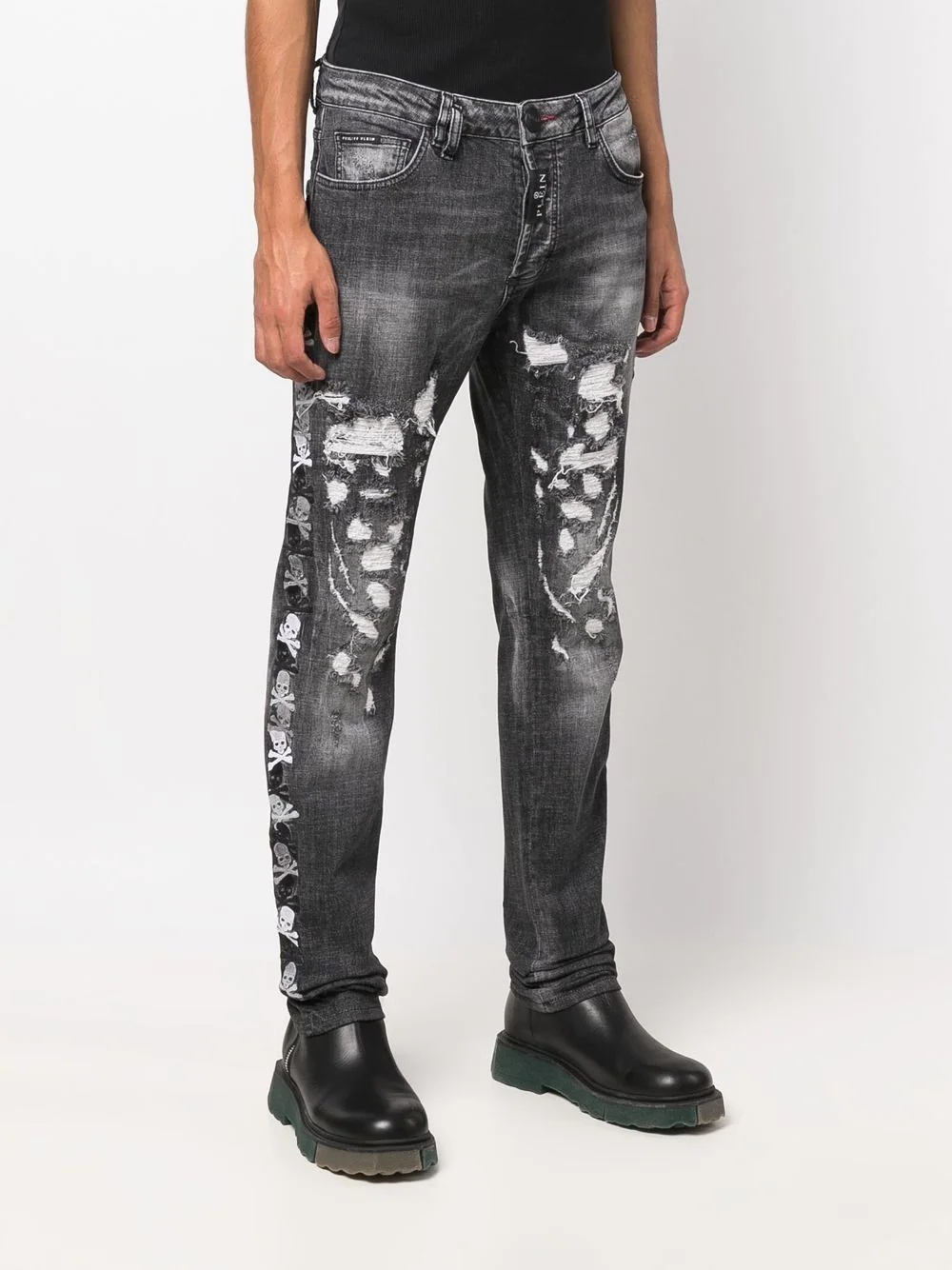 distressed skull-embroidered skinny jeans - 3