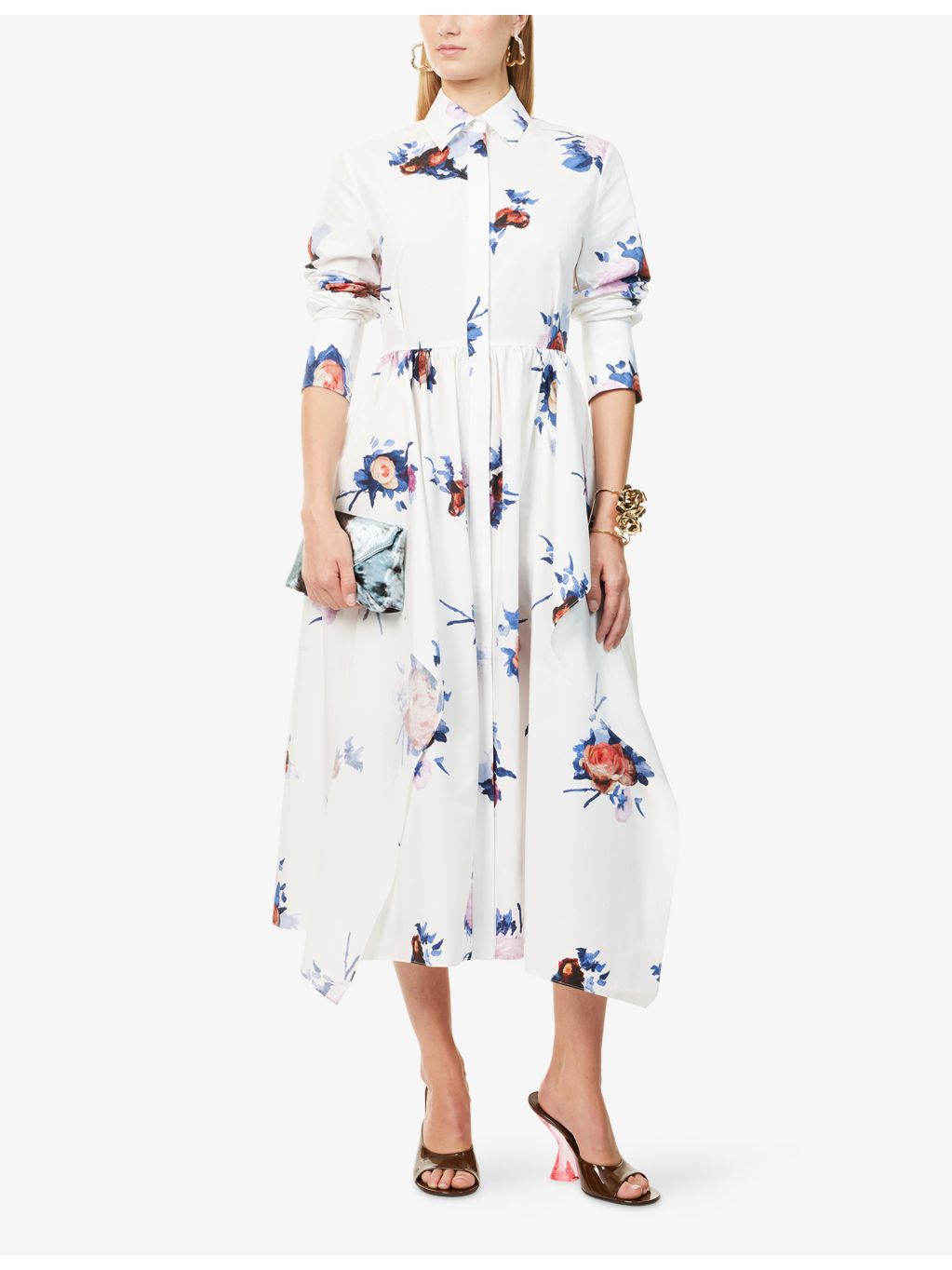 Floral-Print Long-Sleeve Cotton-Poplin Midi Shirt Dress - 2