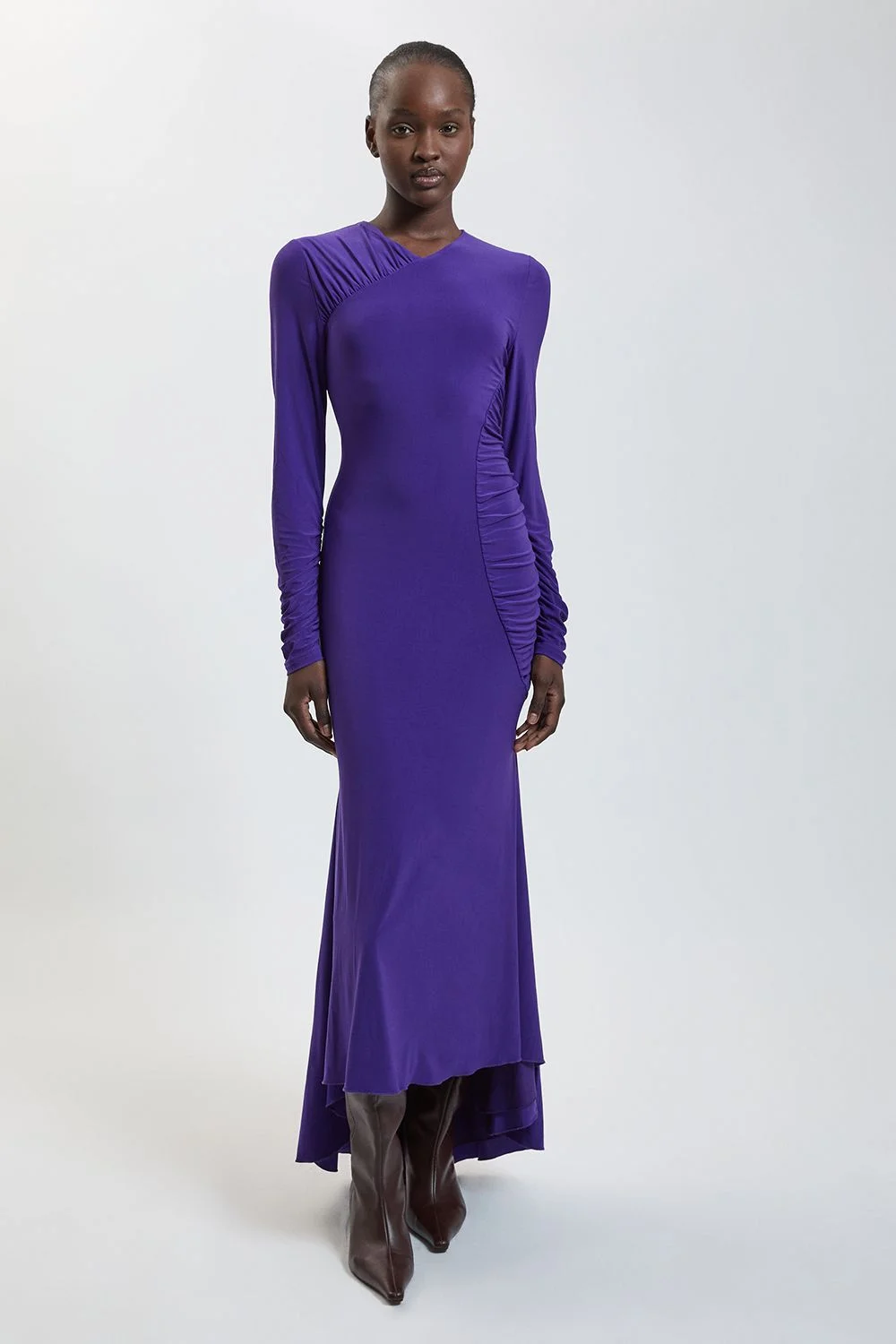 Petite Long Sleeve Slinky Drape Ruched Detail Maxi Dress - 1