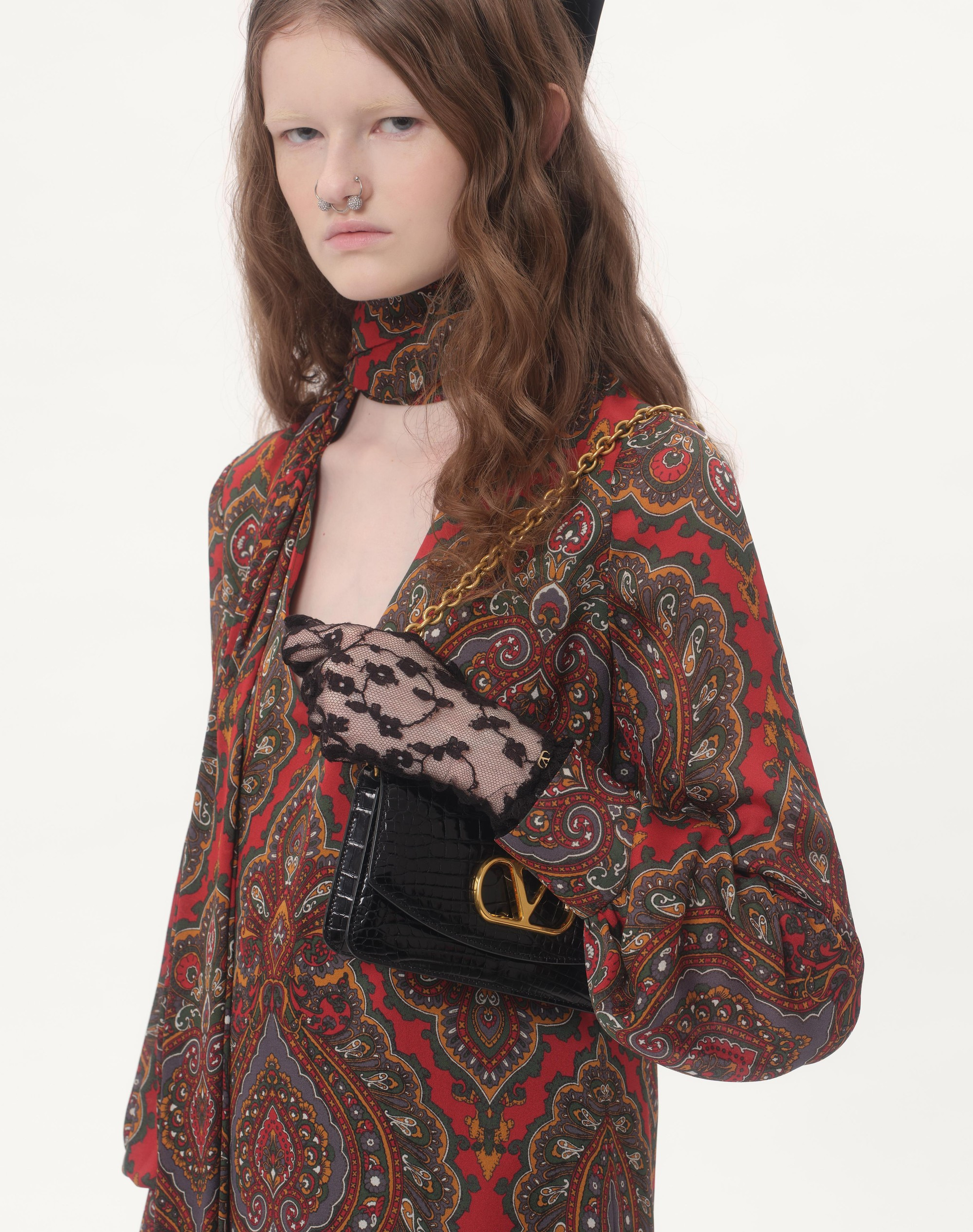 GEORGETTE MIDI DRESS WITH VOYAGE IMAGINAIRE CASHMERE PRINT WITH FEATHERS - 3