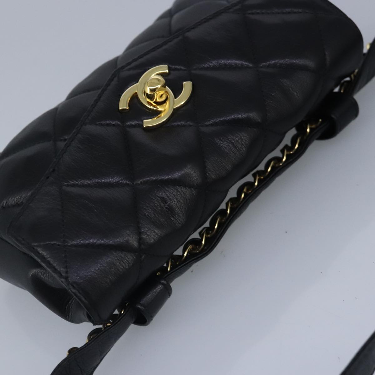 CHANEL Matelasse Chain Waist Bag Lamb Skin Black Gold CC - 6