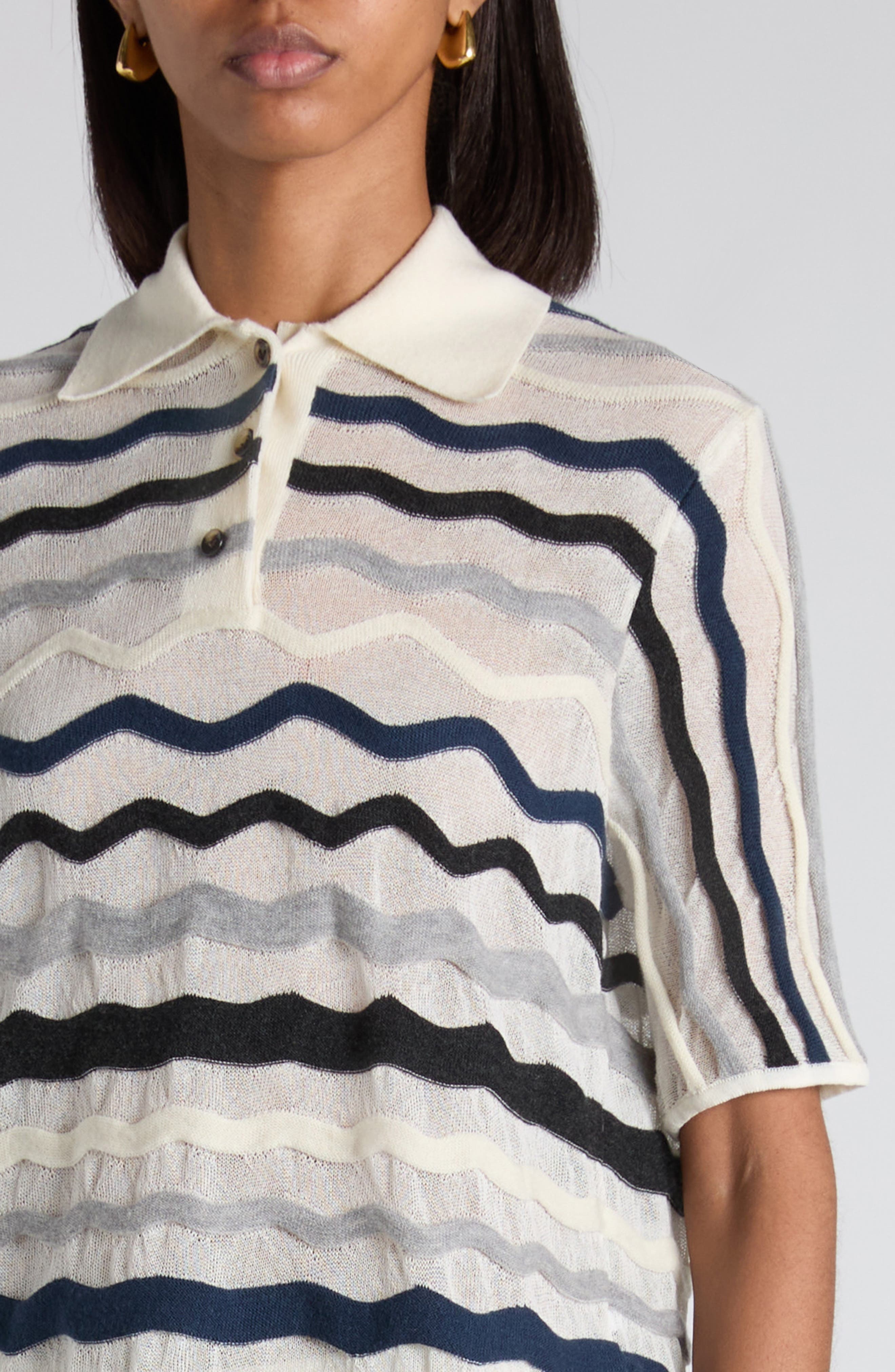 Bottega Veneta Layered Chevron Stripe Wool Blend Polo Sweater in Chalk Wave Grey at Nordstrom - 5