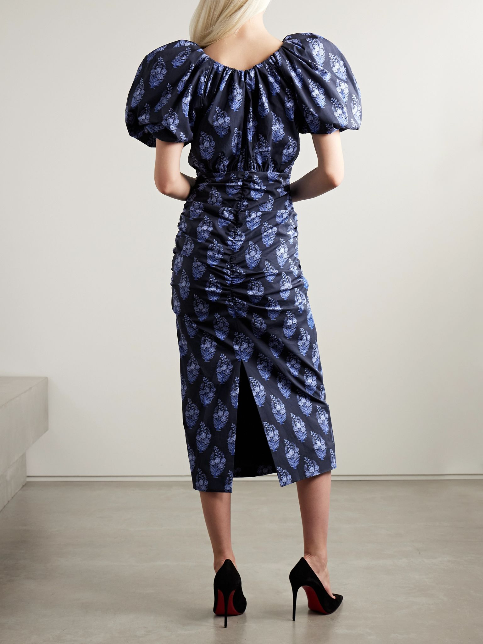 Gathered floral-print cotton-blend poplin midi dress Midnight blue - 3