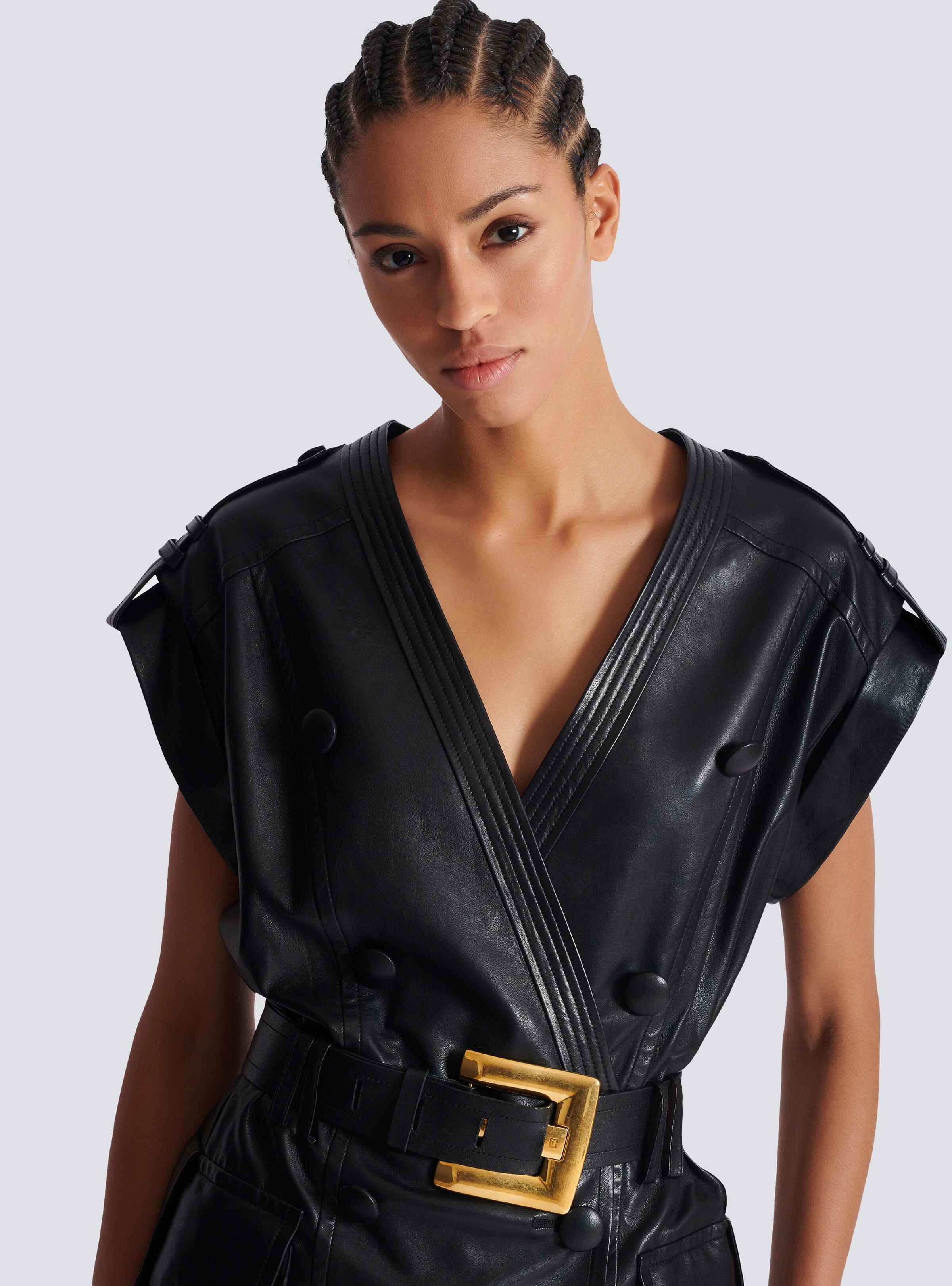 Lambskin leather short belted dress - 7