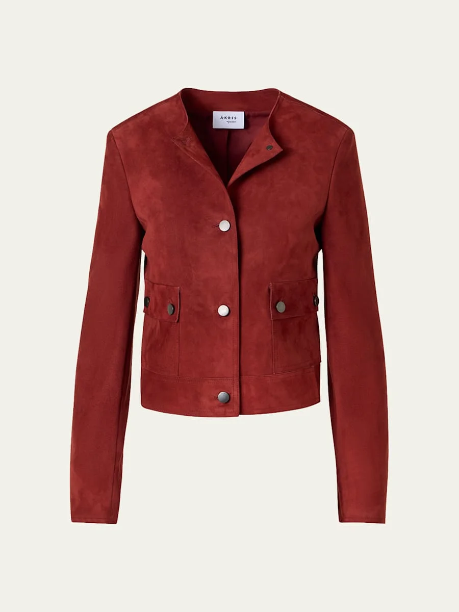 Single-Breasted Suede Collarless Jacket - 1