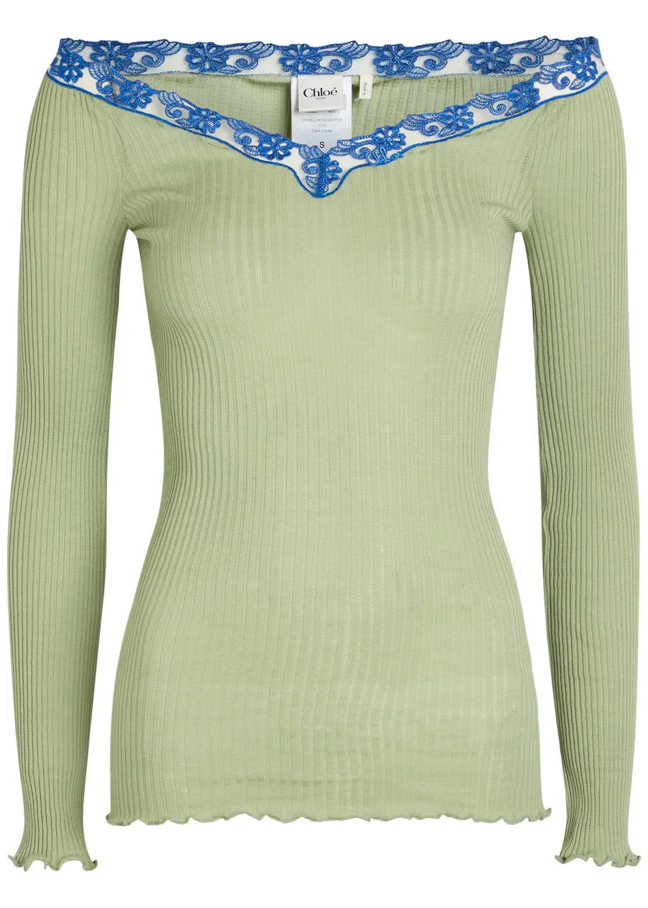 Chloe Lace Trims Ribbed-knit Cotton and Silk-blend top - 1