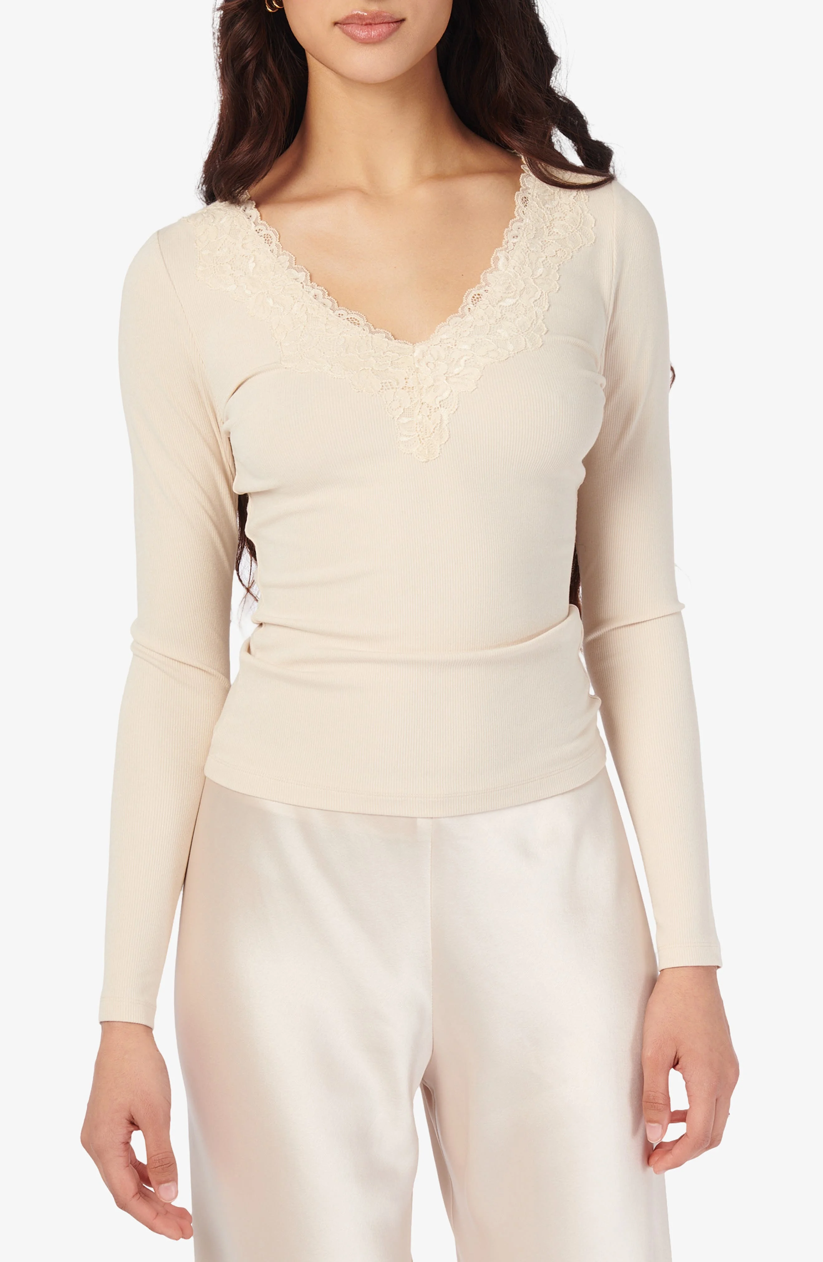 CAMI NYC Rooney Lace Trim Rib Top in Bone at Nordstrom - 1