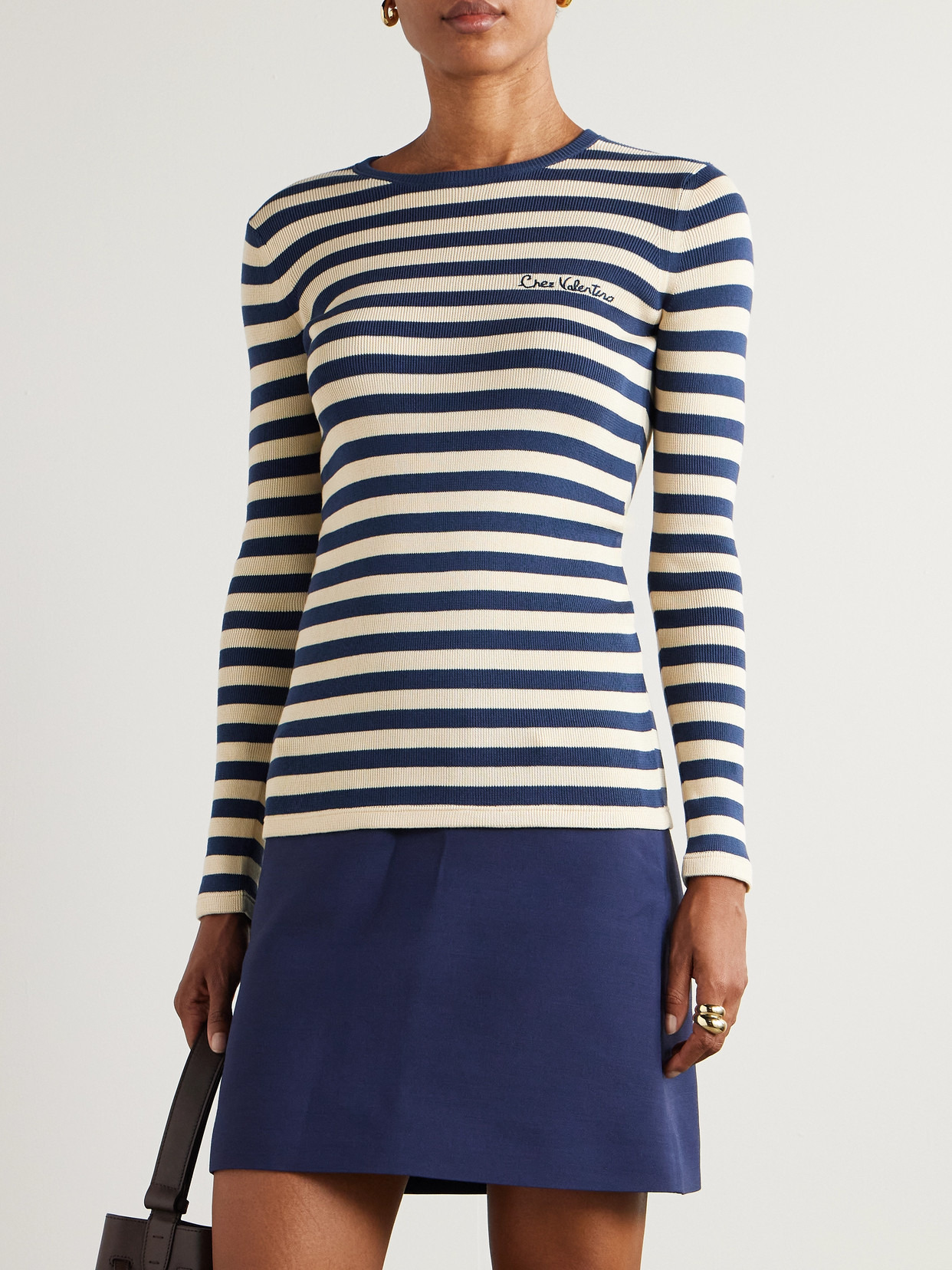 Embroidered Striped Cotton Sweater - 4