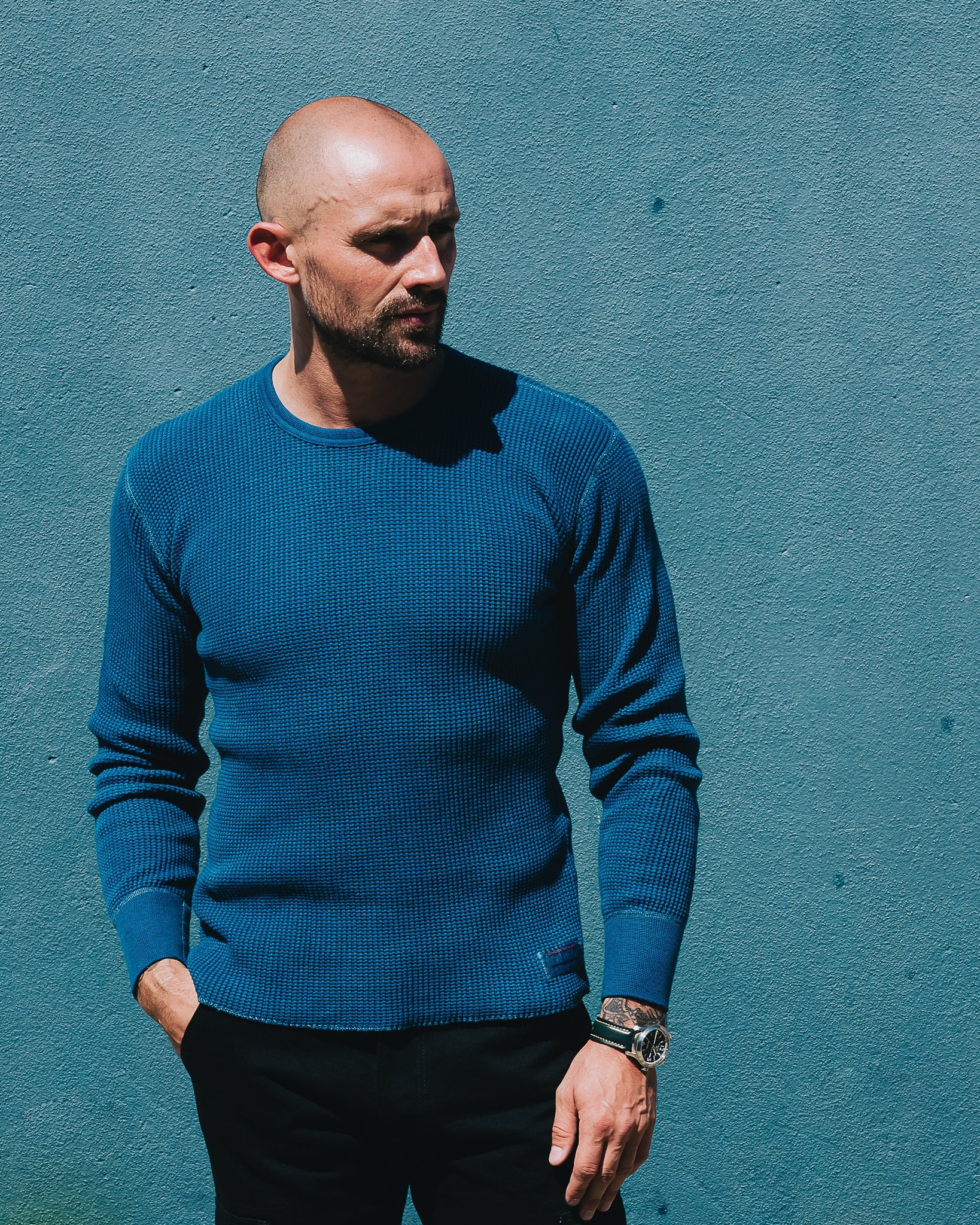 IHTL-1301-IND Waffle Knit Long Sleeved Crew Neck Thermal Top - Indigo Dyed - 4