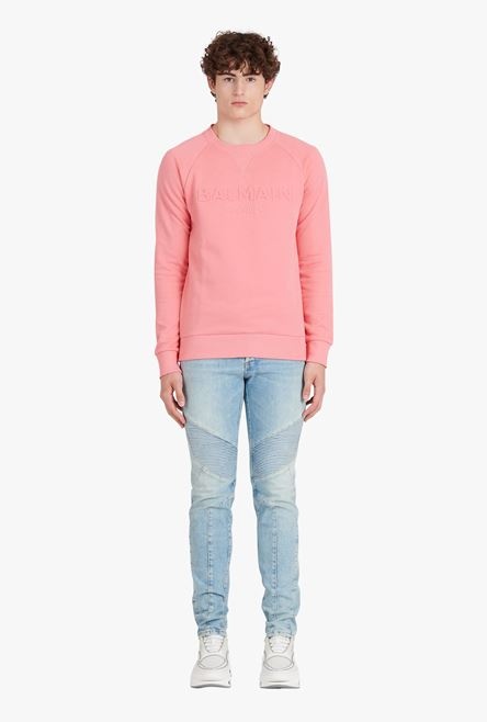 Salmon pink cotton sweatshirt with embossed Balmain logo - 4
