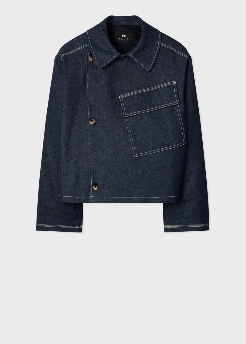 Denim Cotton-Blend Cropped Asymmetric Jacket with Topstitching 1