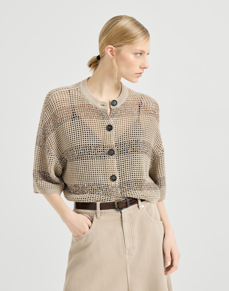 Cotton net cropped cardigan with dazzling stripes 2