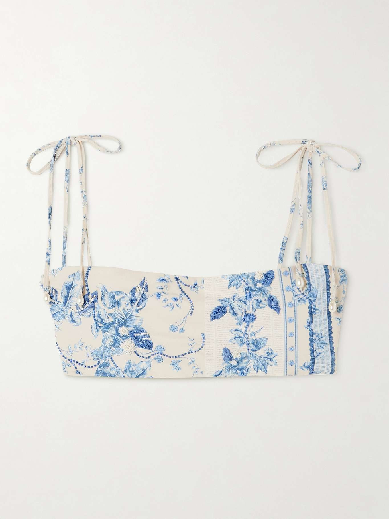 Primavera Bougainvillea faux pearl and bead-embellished floral-print recycled bikini top Blue - 1