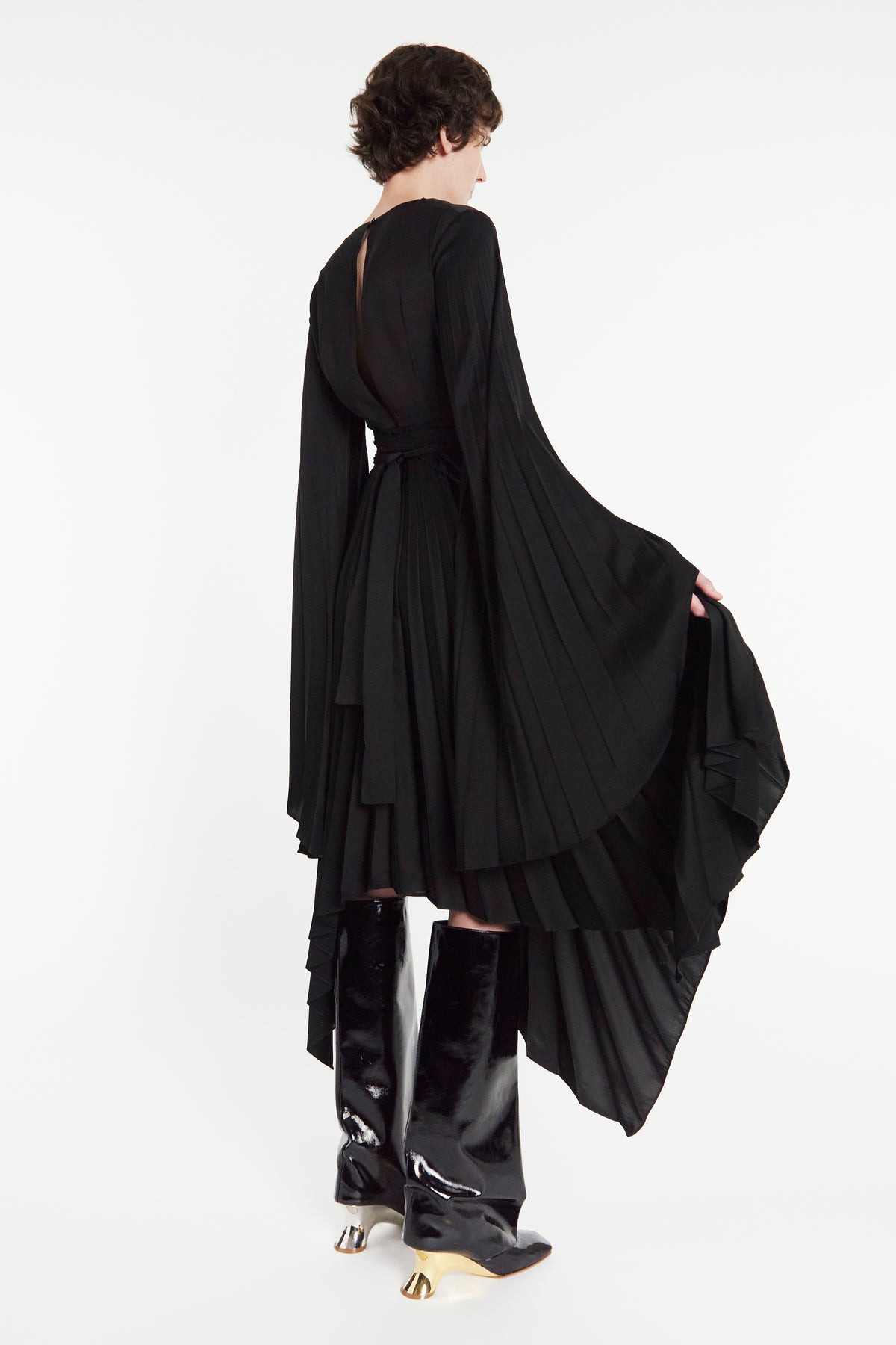 WRAP AROUND MIDI DRESS WITH PLEATED SKIRT & SLEEVES BLACK - 9