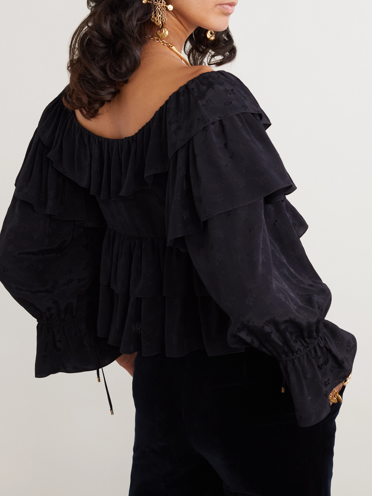 Ruffled Cropped Floral-jacquard Blouse - 3
