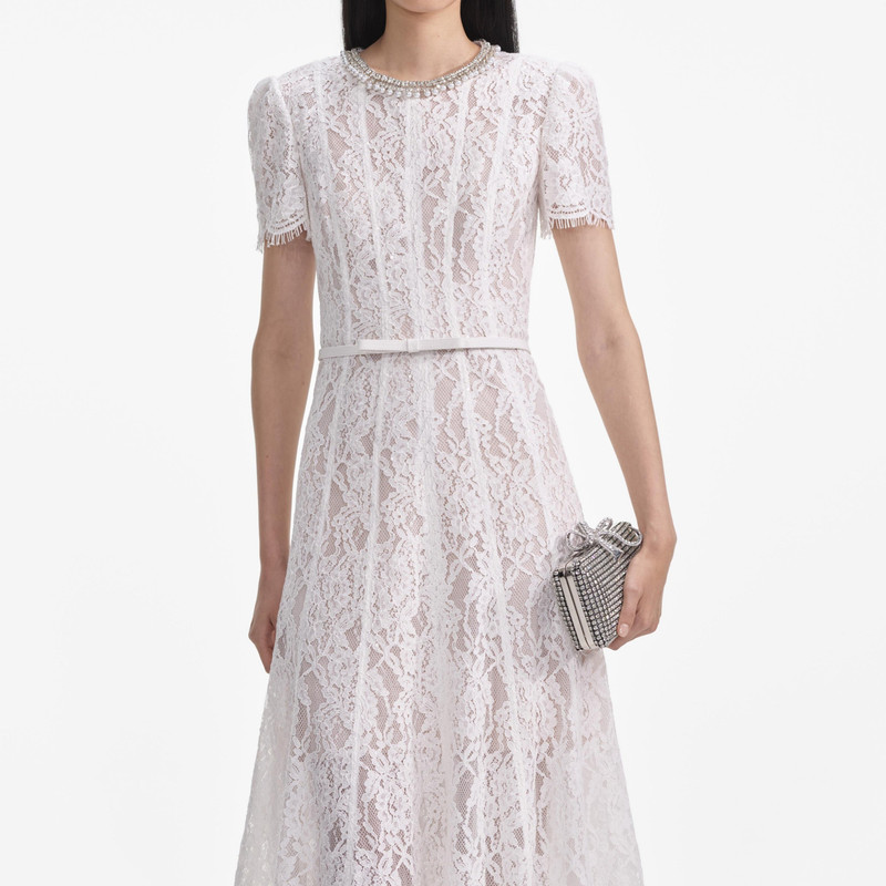chinese dress ladies White Linen Lace Insert Midi Dress – self-portrait-US