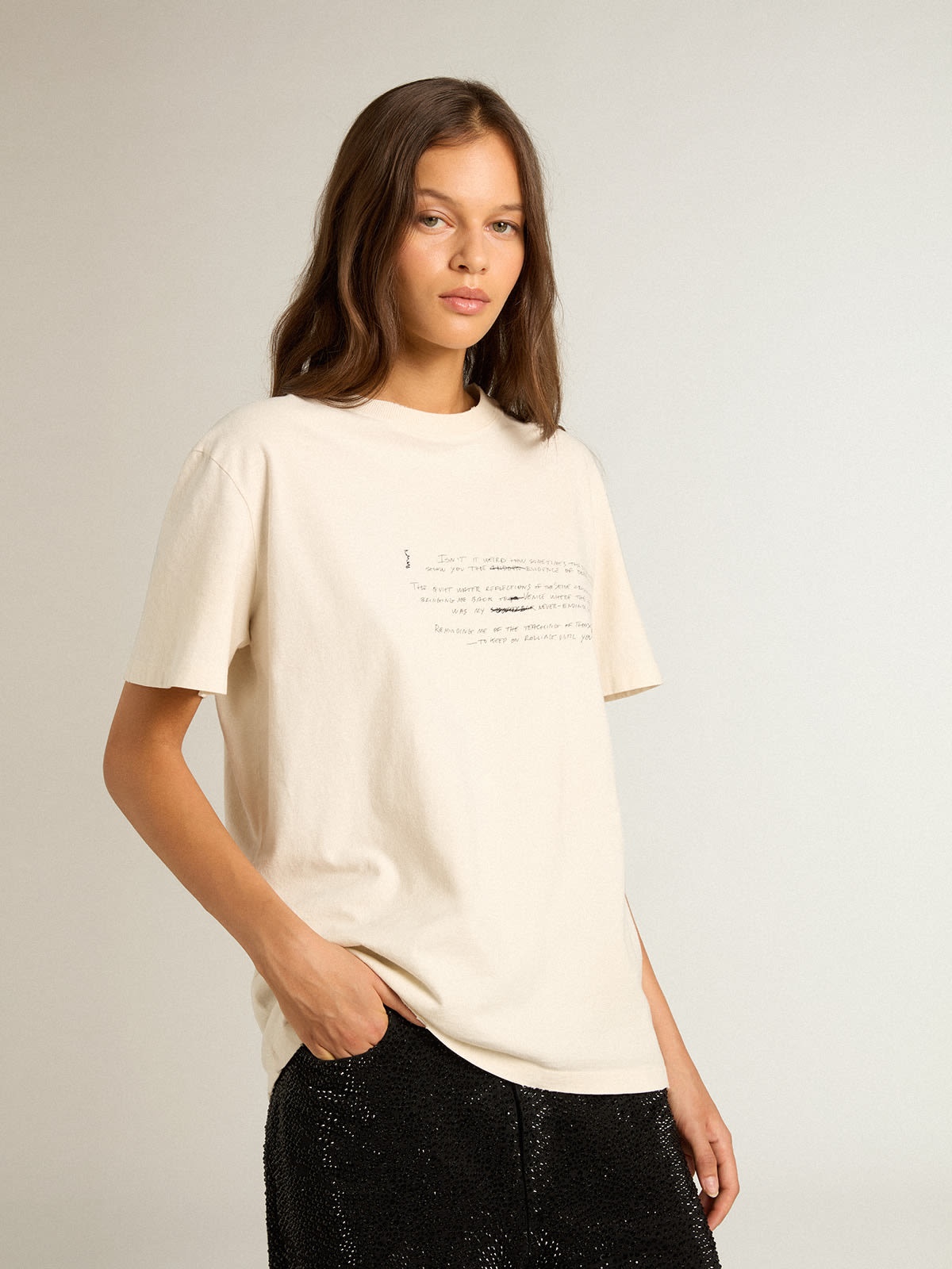 Women’s cotton T-shirt in aged white with embroidered lettering - 5