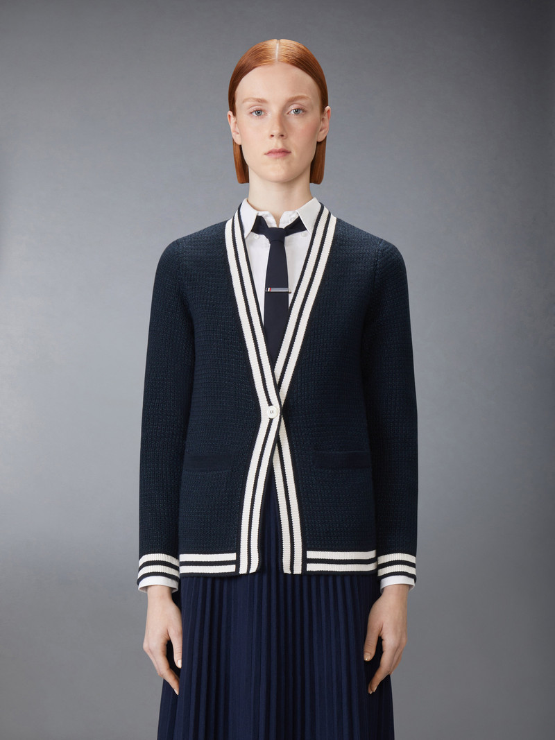 Thom Browne TUCK STITCH SILK CASHMERE & WOOL V NECK CARDIGAN outlook