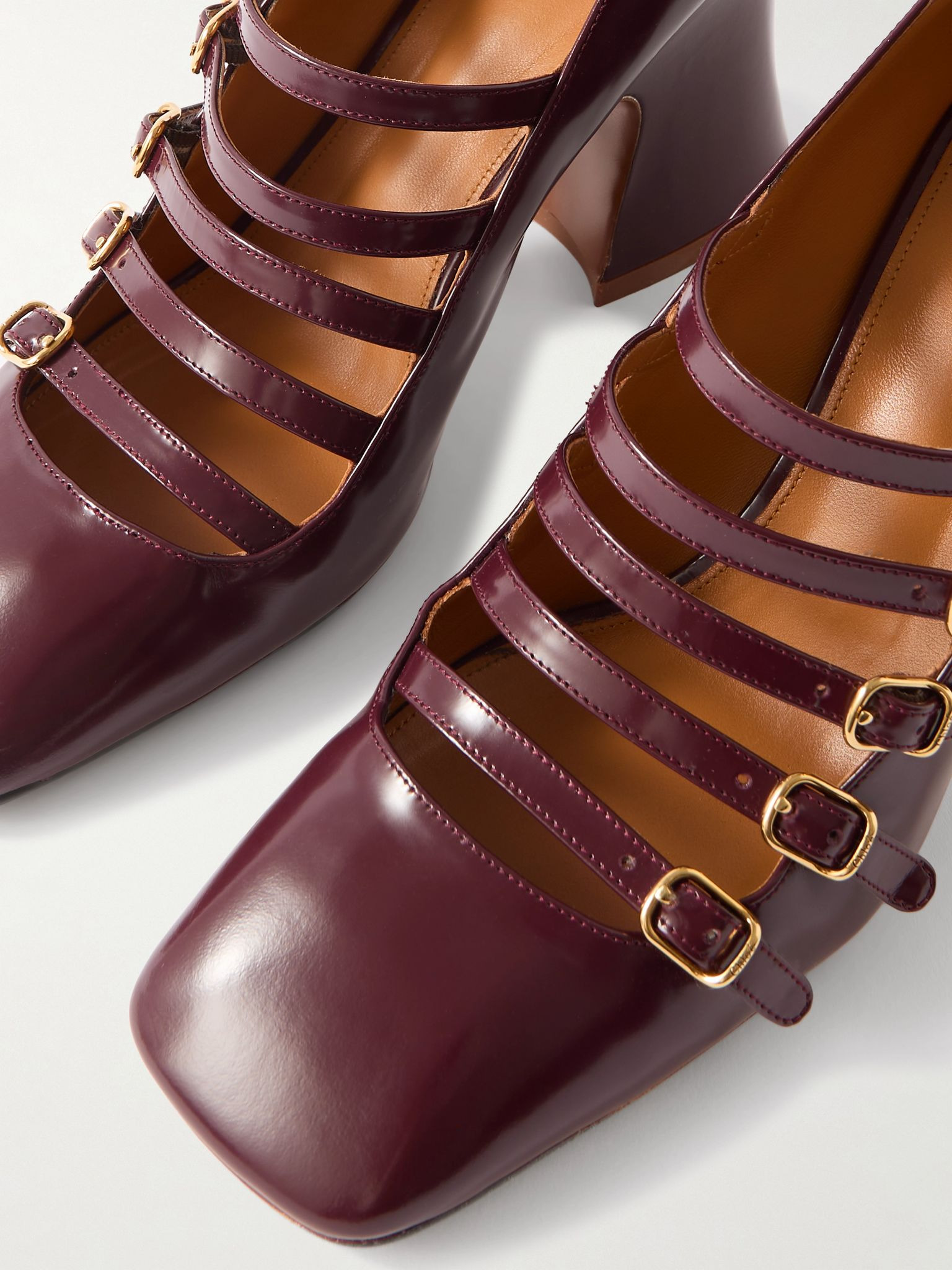 Janis buckled glossed-leather Mary Jane pumps Burgundy - 4