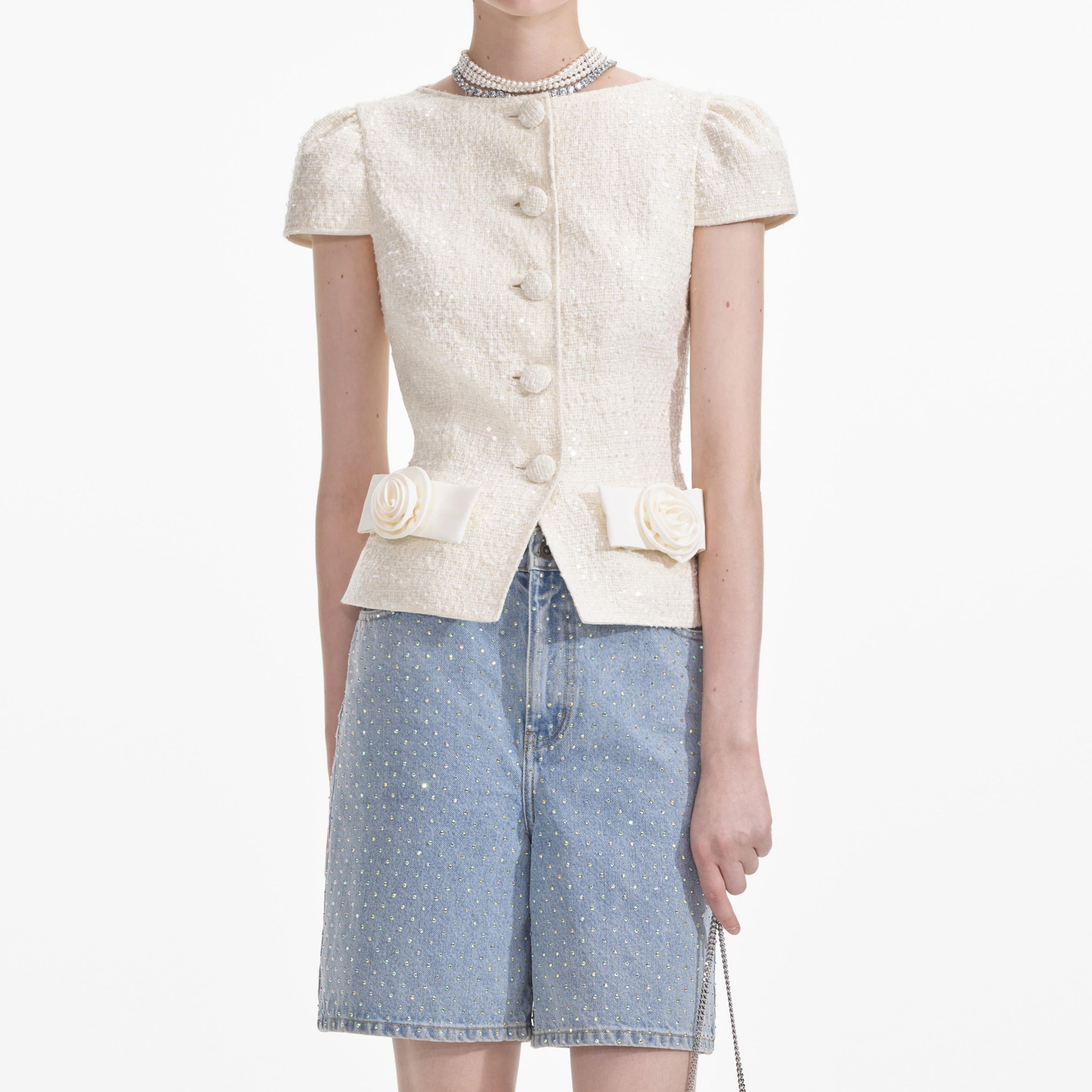 Cream Boucle Bow Detail Top - 4
