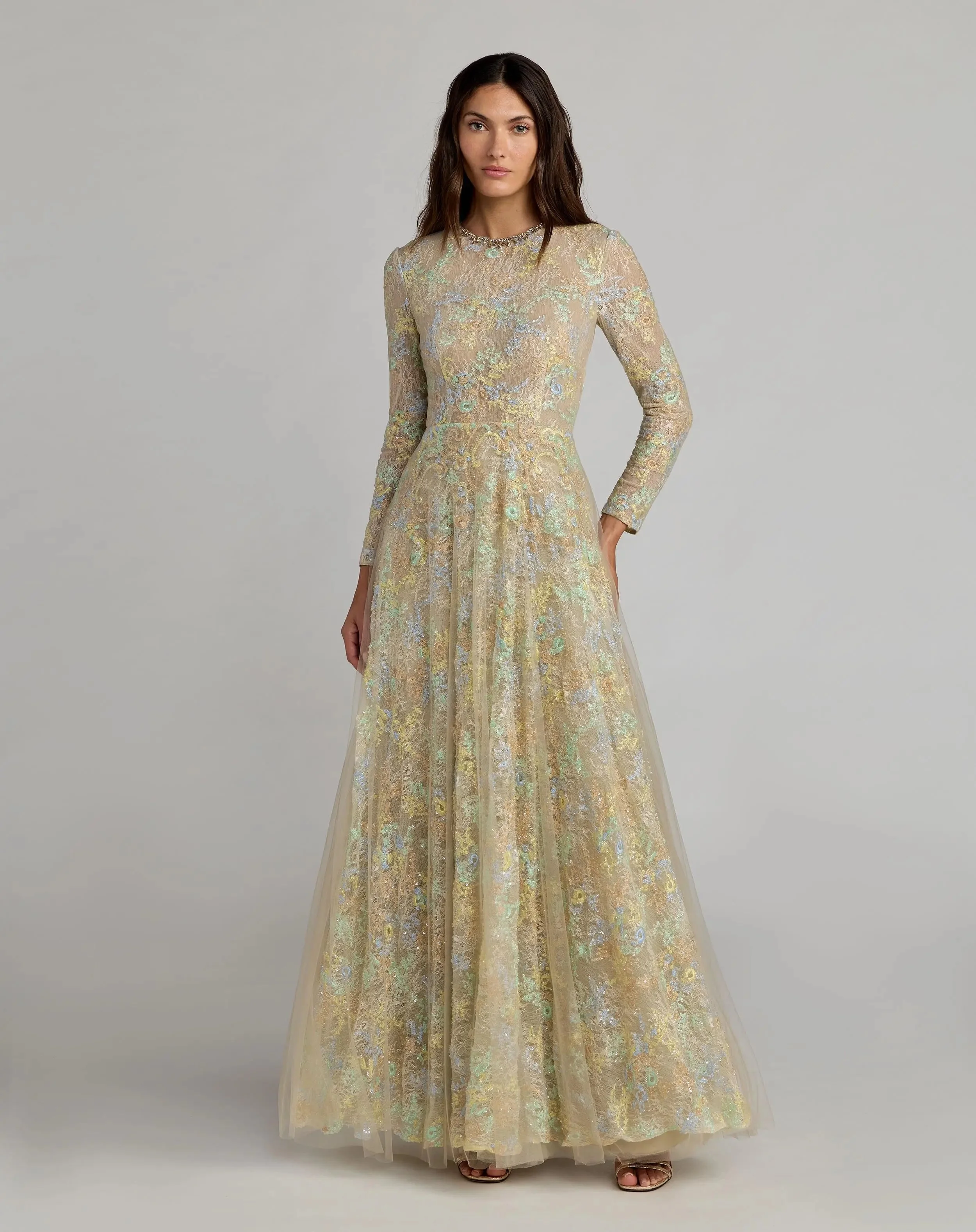 Beige Long Sleeve Embellished Lace A-Line Gown - 1