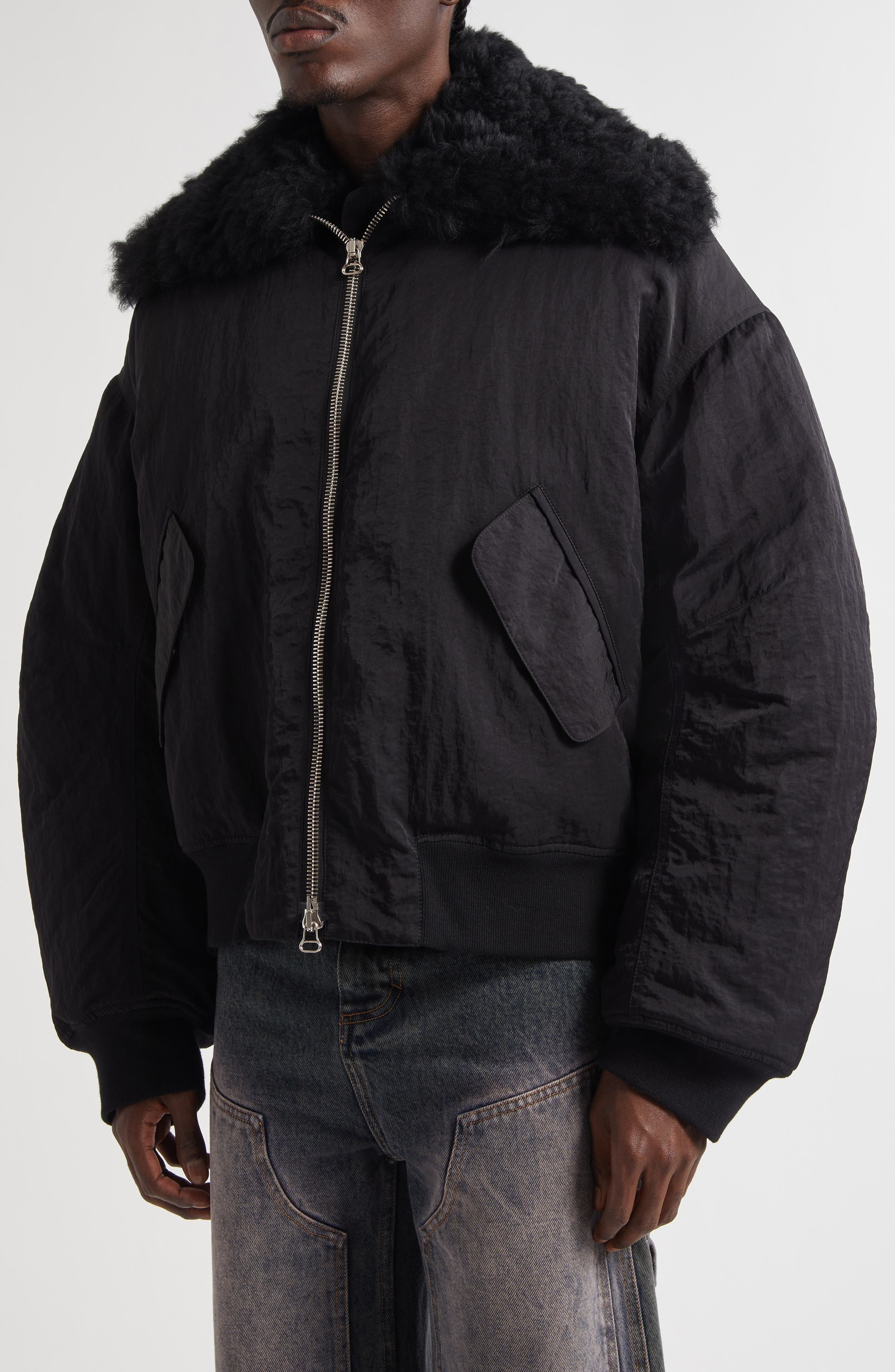 Eckhaus Latta Nylon Bomber Jacket with Genuine Shearling Collar in Asphalt at Nordstrom - 5