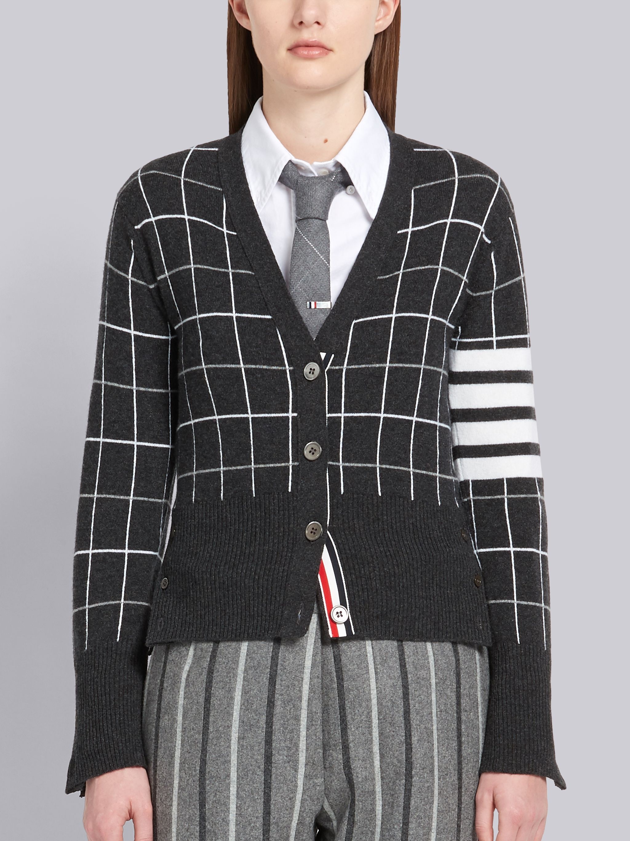 WINDOWPANE CHECK CASHMERE CARDIGAN - 1