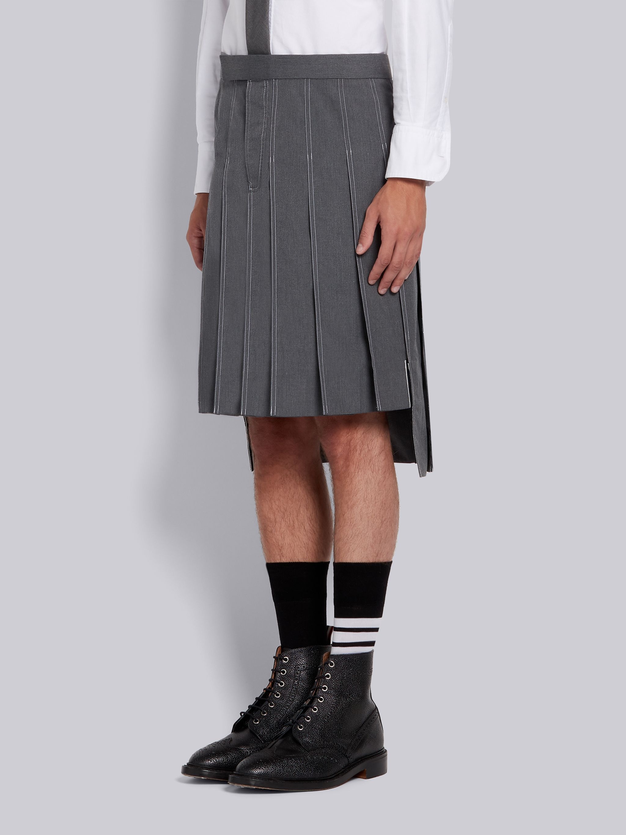 Medium Grey Cotton Typewriter Cloth Double Needle Stitch Knee Length Pleated Classic Skirt - 2