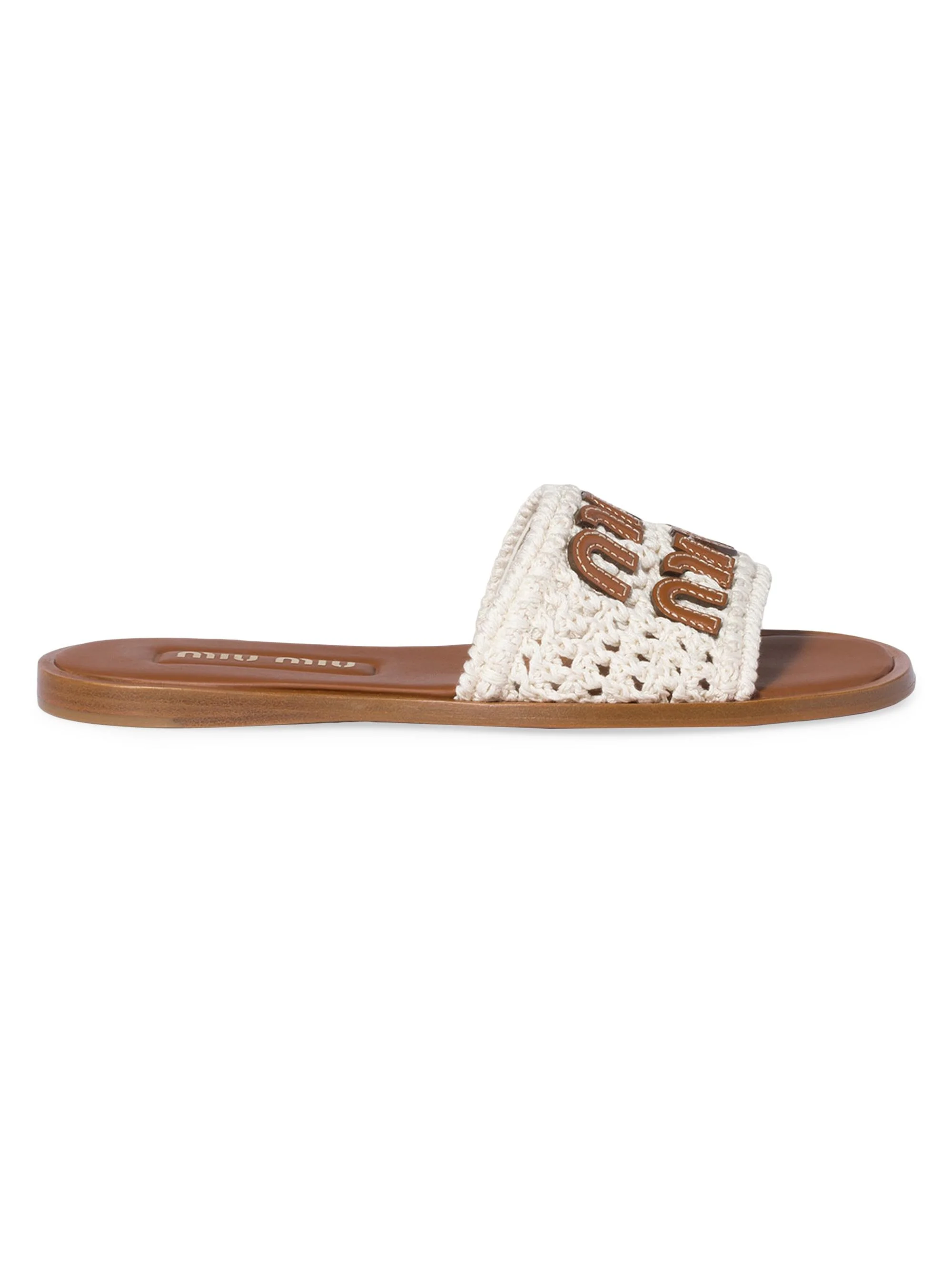 Women's Crochet and Leather Flat Slides - Beige Khaki - 1