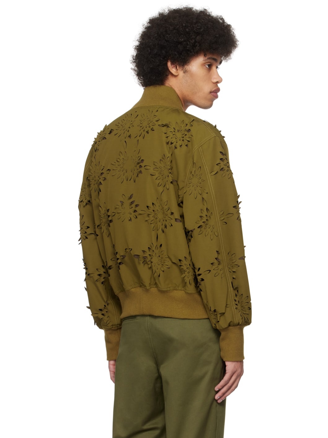 Khaki Laser-Slashed Flower Bomber Jacket - 3