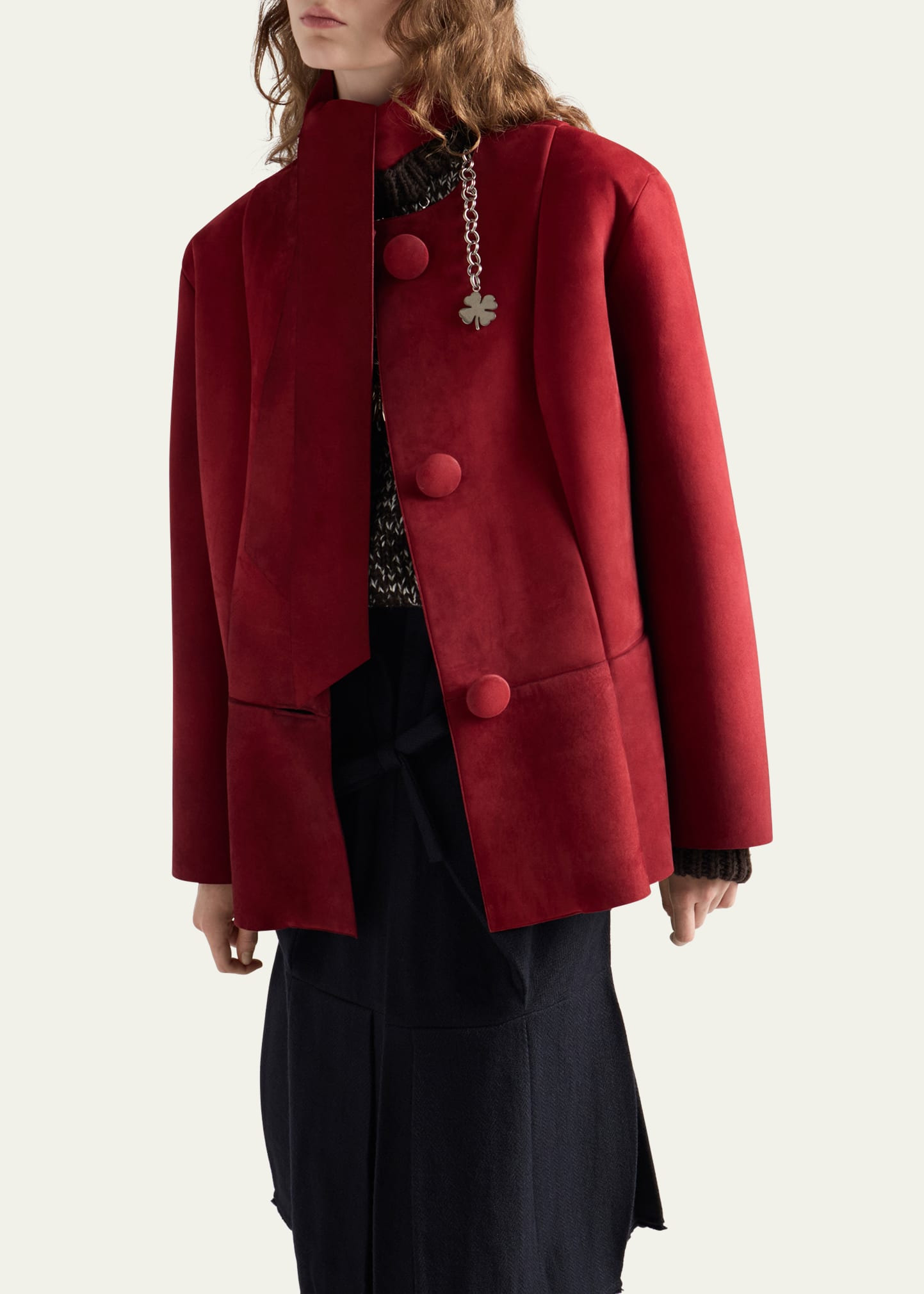 Suede Single-Breasted Coat With Scarf - 4