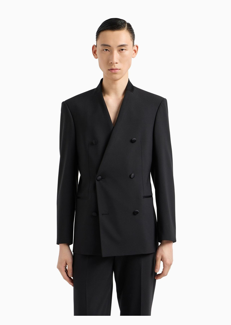 Double-breasted blazer in two-way stretch virgin wool canvas with satin collar 2