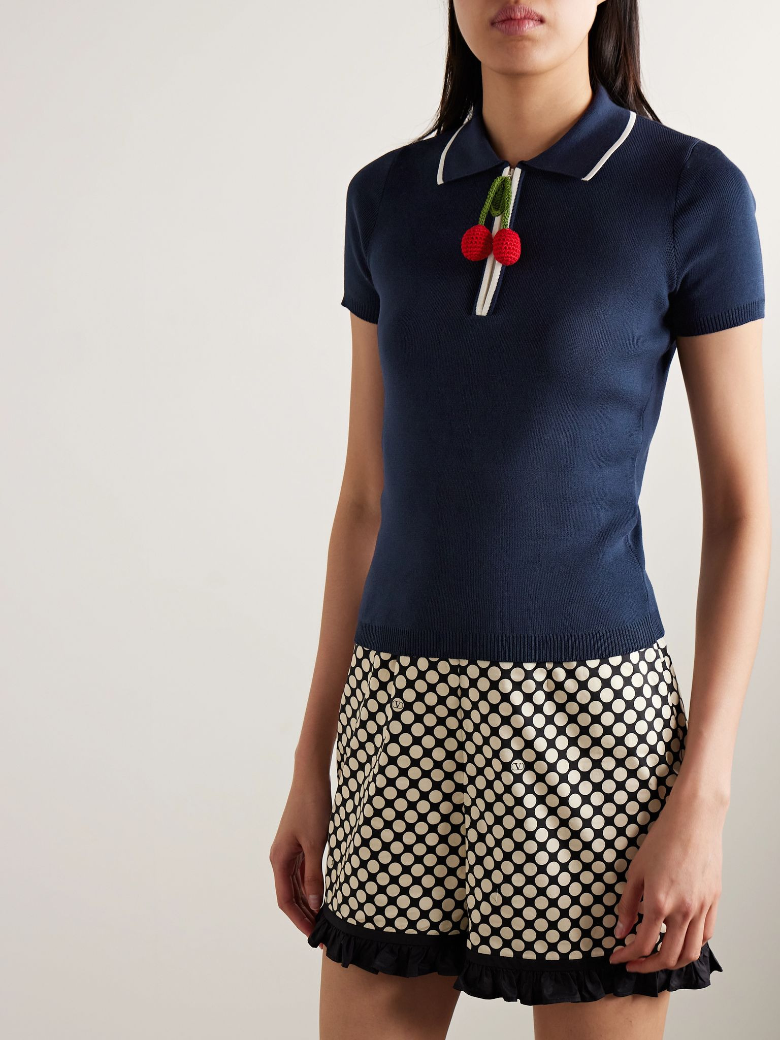 Embellished ribbed cotton polo shirt Navy - 3
