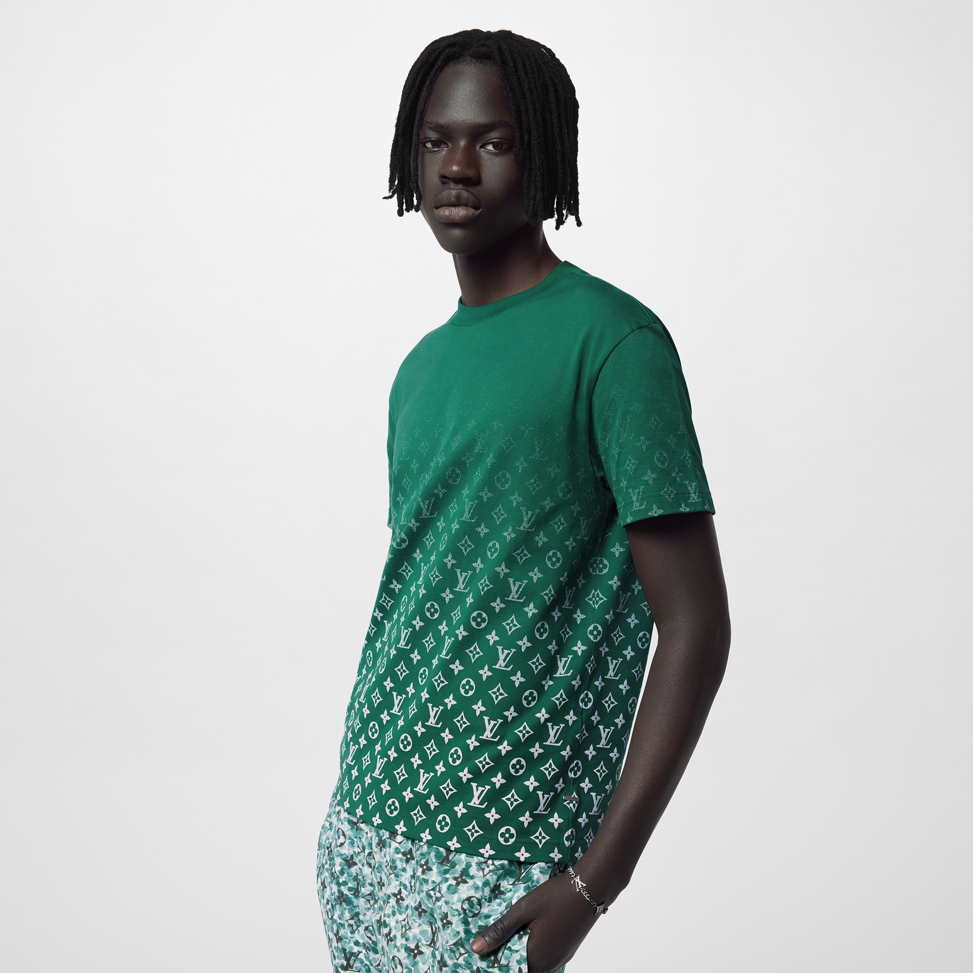 LOUIS VUITTON チェック柄Tシャツ グリーン L# Louis Vuitton Checkered Knit T-Shirt