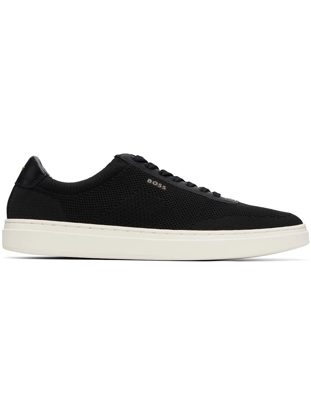 Black Lace-Up Leather Trim Knitted Sneakers - 1